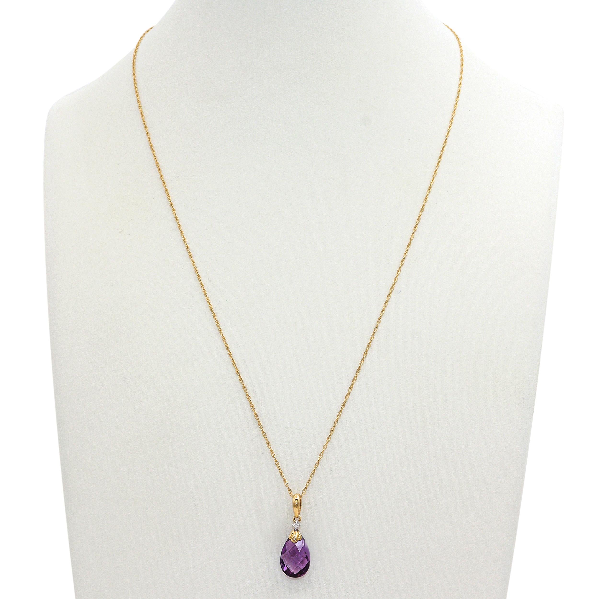 Vintage 14K Yellow Gold Amethyst & Diamond Teardrop Pendant Necklace