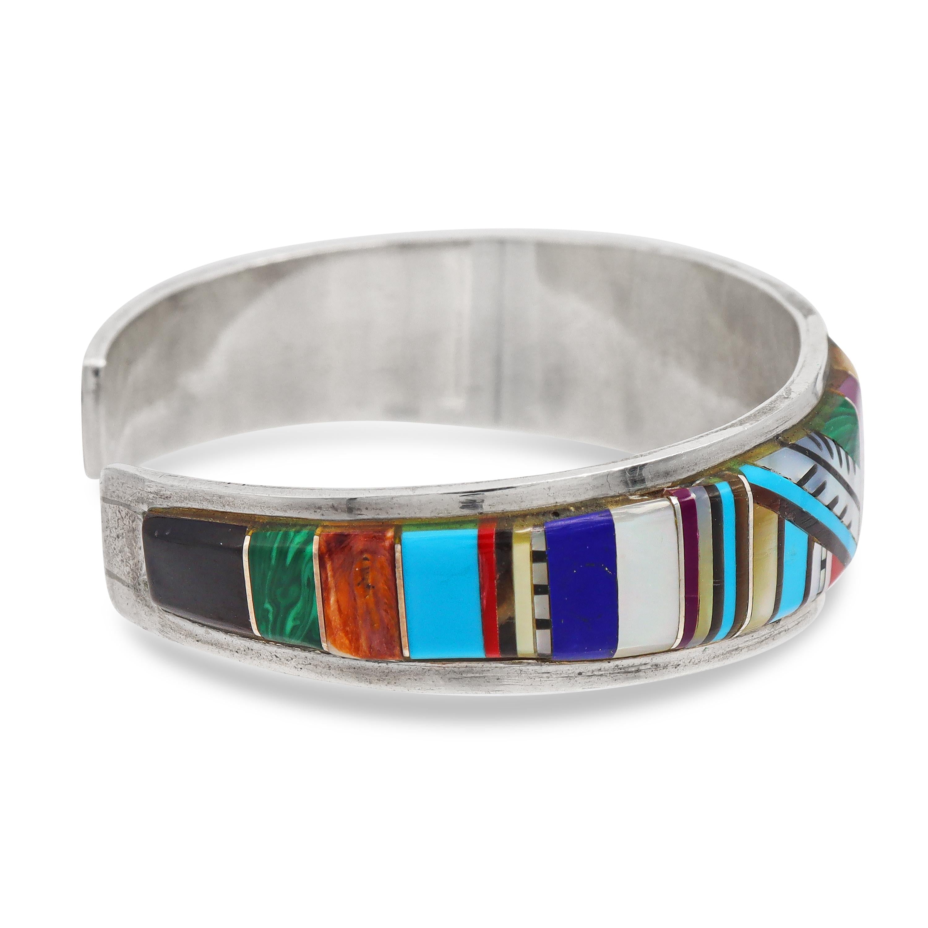 Southwestern Sterling Silver Multi-Stone Mosaic Inlay Cuff Bracelet