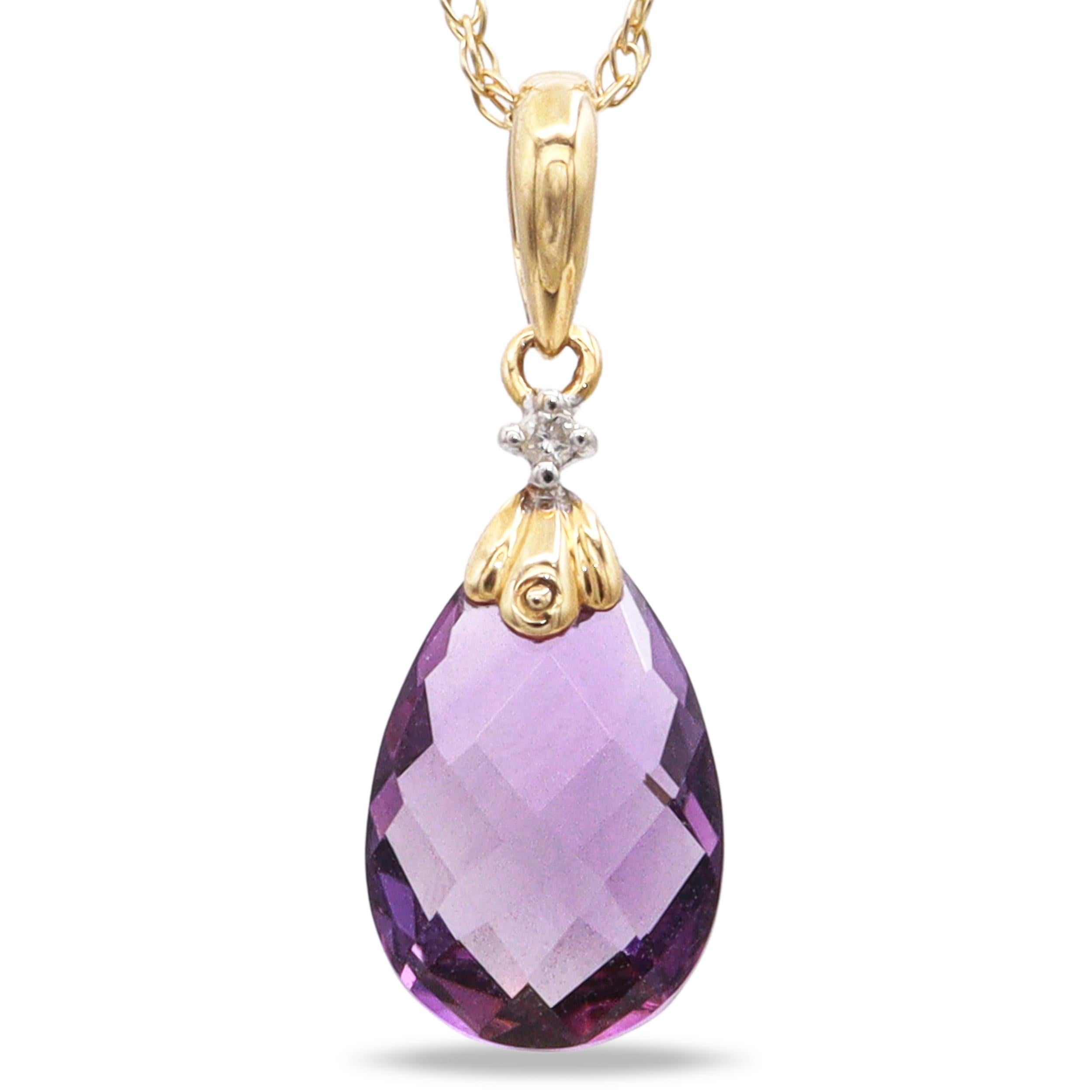 Vintage 14K Yellow Gold Amethyst & Diamond Teardrop Pendant Necklace
