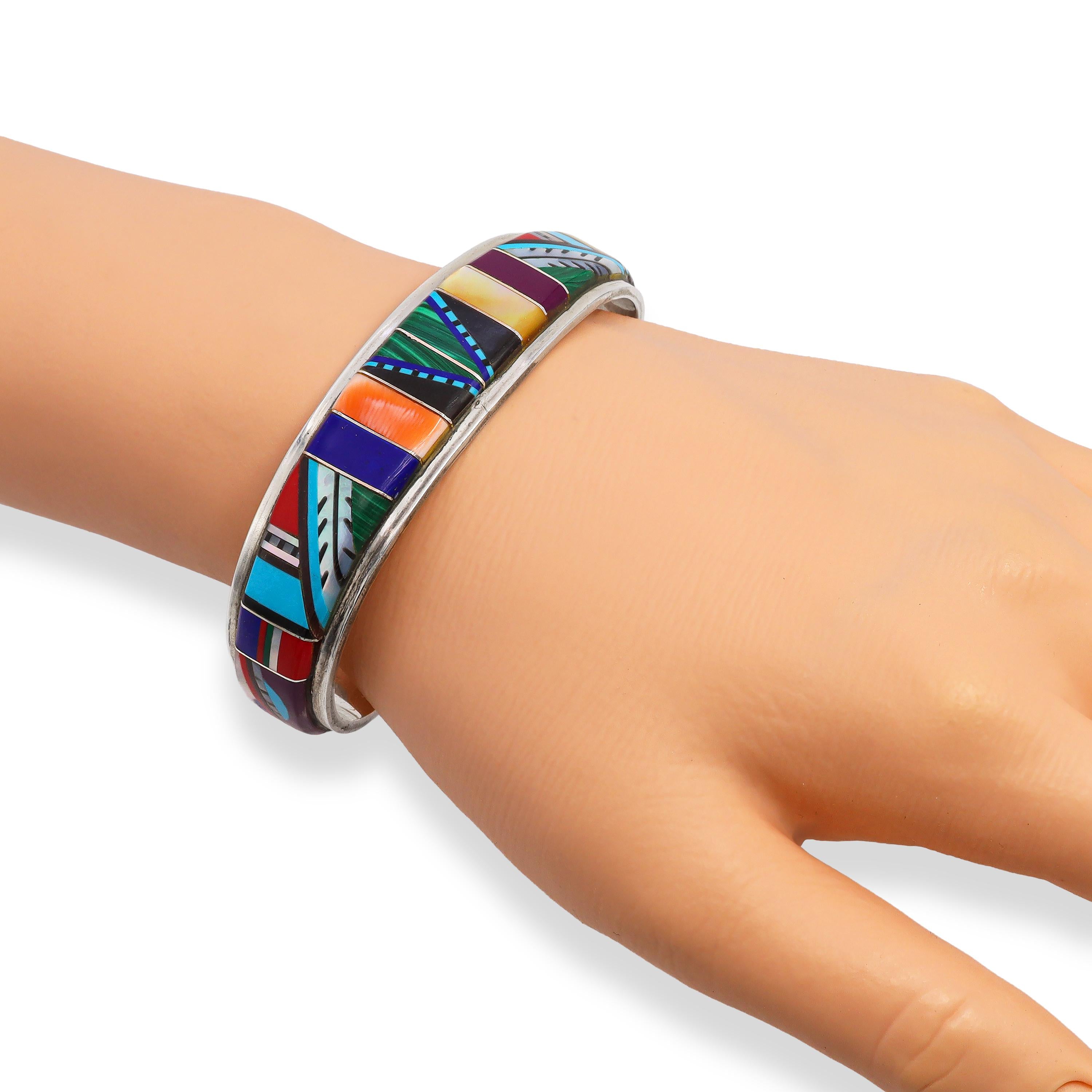 Southwestern Sterling Silver Multi-Stone Mosaic Inlay Cuff Bracelet