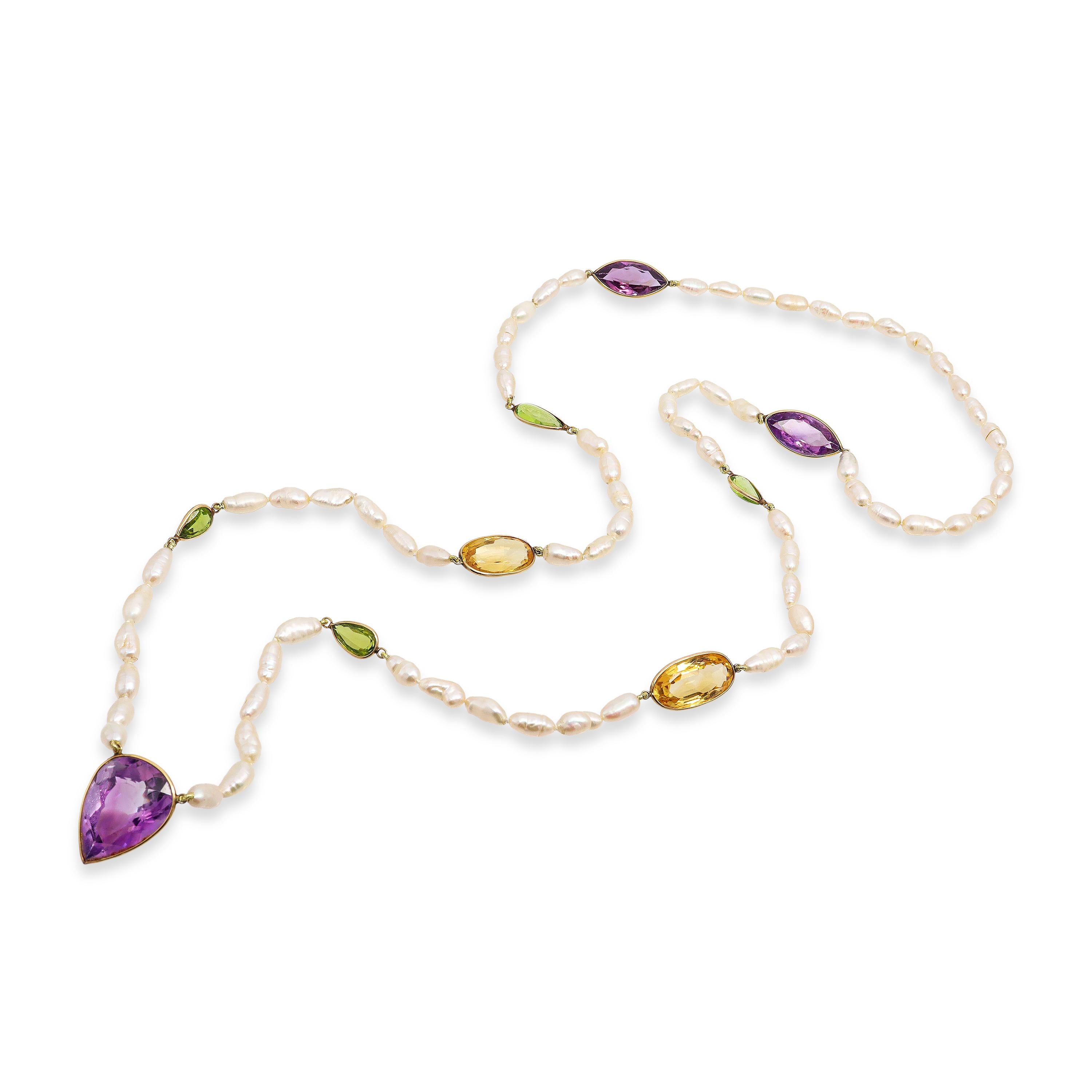 14k Yellow Gold Amethyst Citrine Peridot & Pearl Necklace