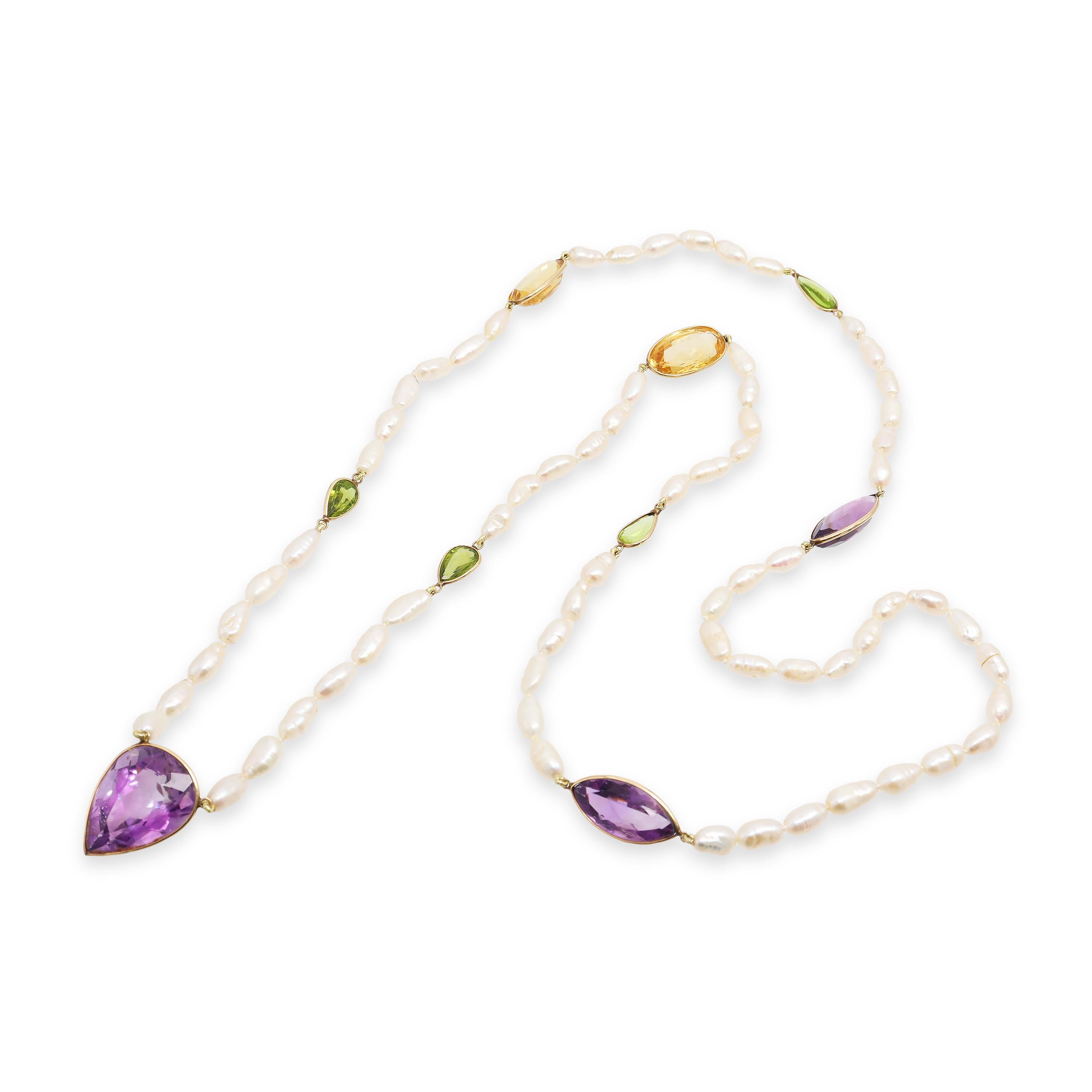 14k Yellow Gold Amethyst Citrine Peridot & Pearl Necklace