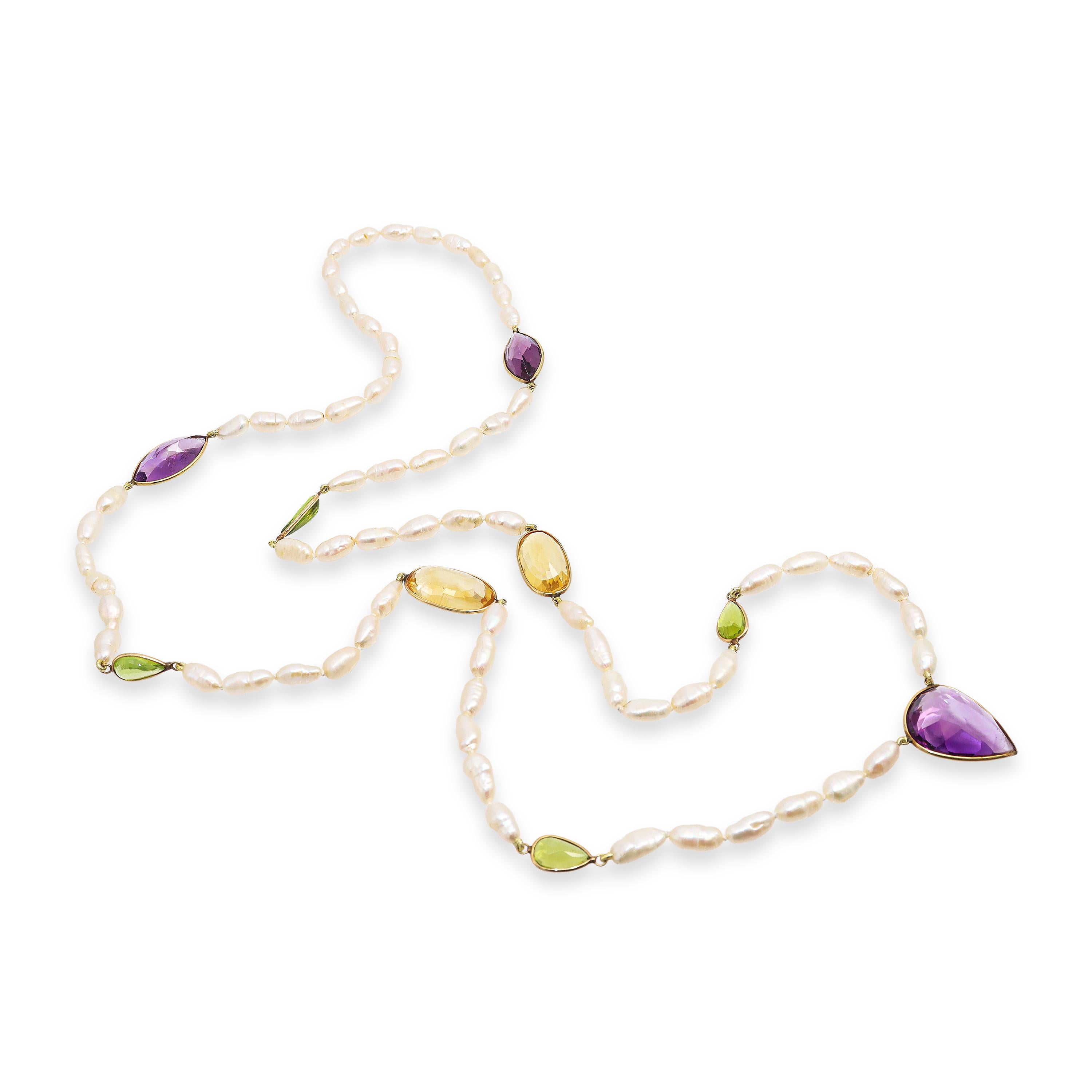 14k Yellow Gold Amethyst Citrine Peridot & Pearl Necklace