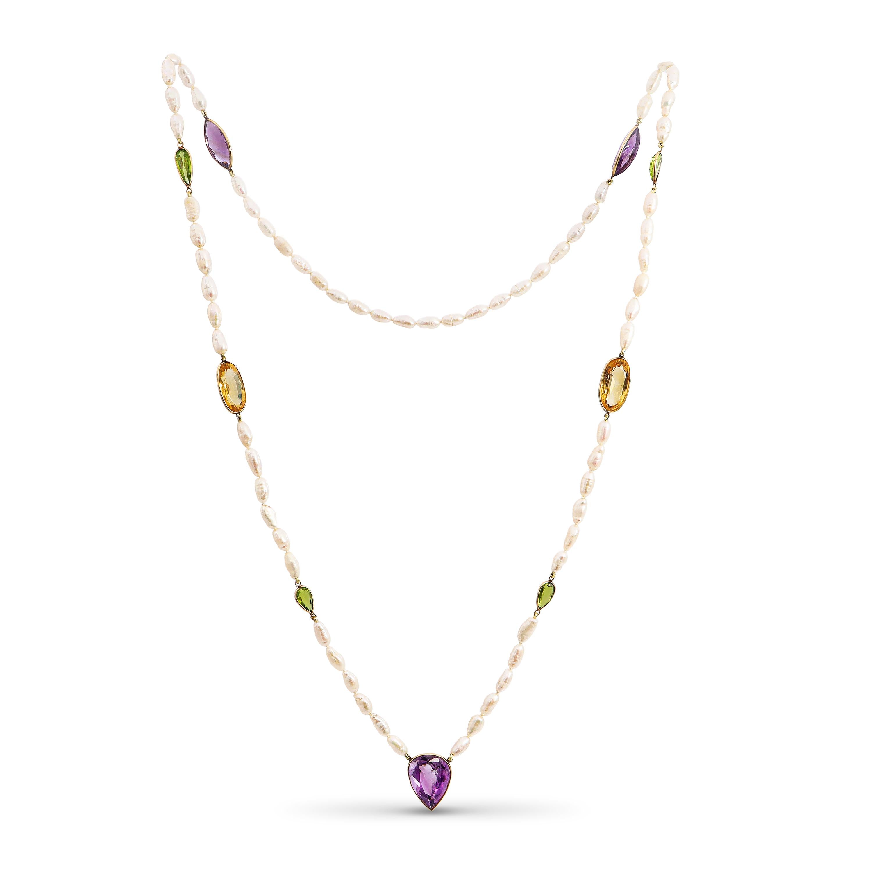 14k Yellow Gold Amethyst Citrine Peridot & Pearl Necklace
