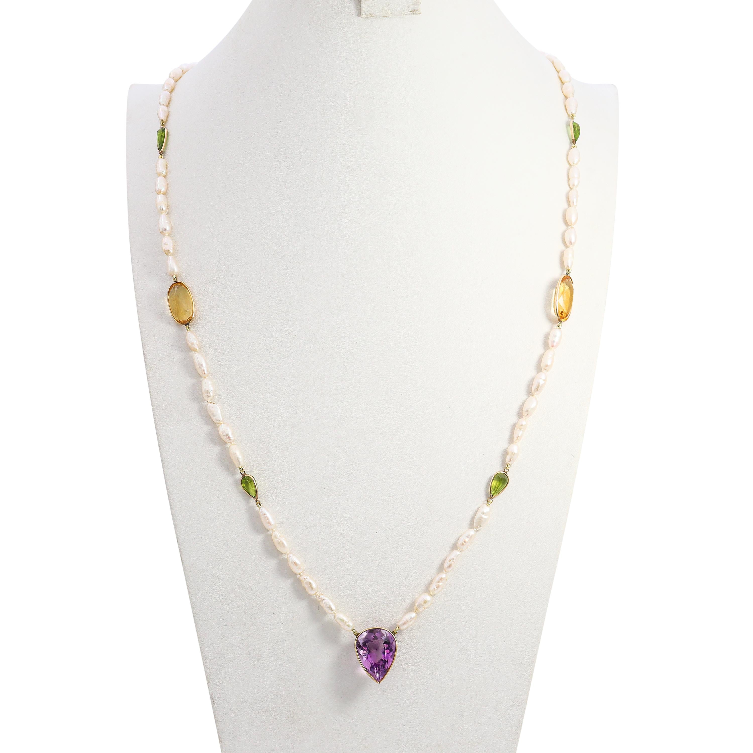 14k Yellow Gold Amethyst Citrine Peridot & Pearl Necklace