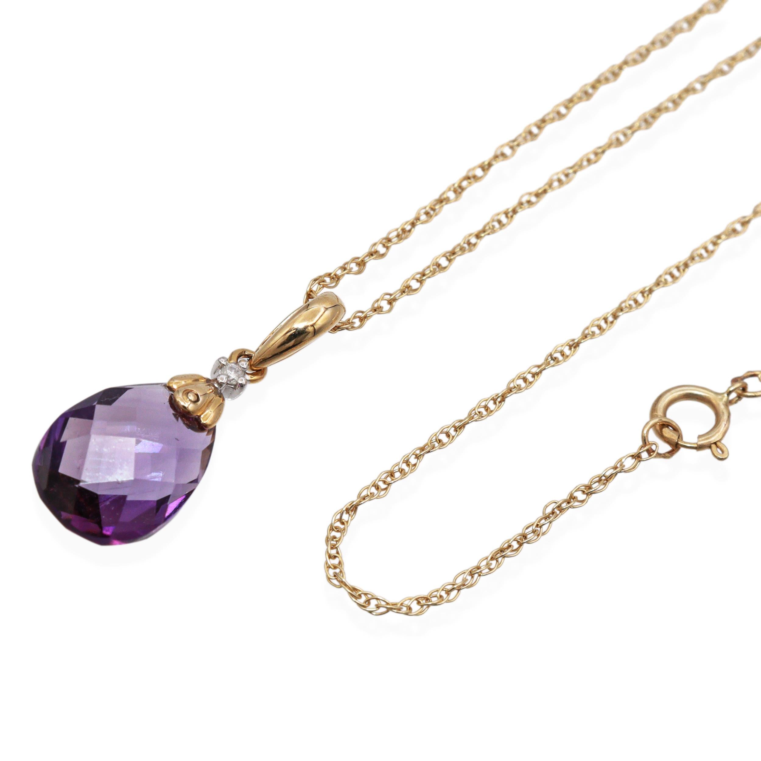 Vintage 14K Yellow Gold Amethyst & Diamond Teardrop Pendant Necklace