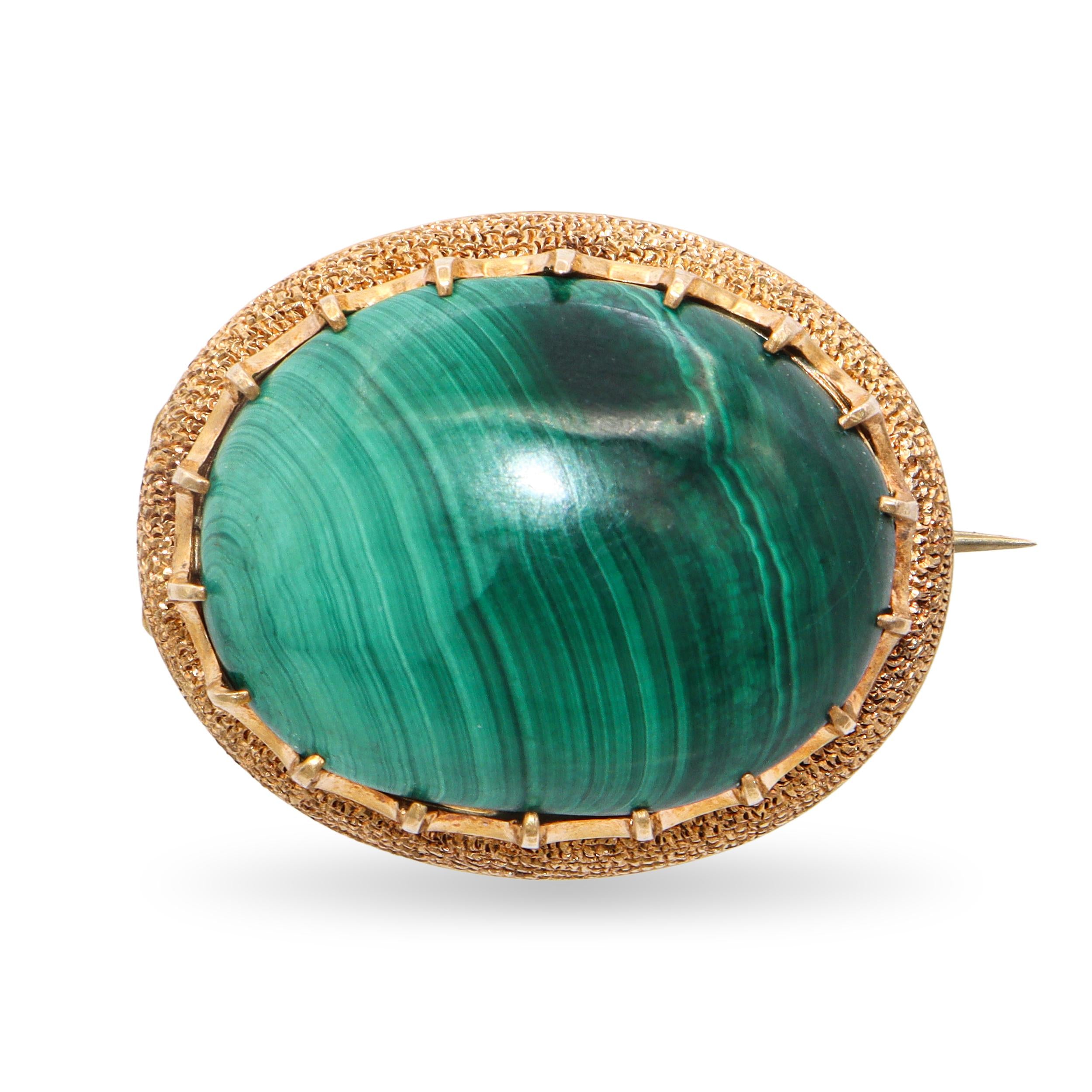 Vintage Textured 14k Yellow Gold Malachite Brooch