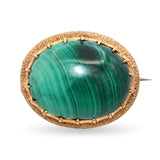 Vintage Textured 14k Yellow Gold Malachite Brooch