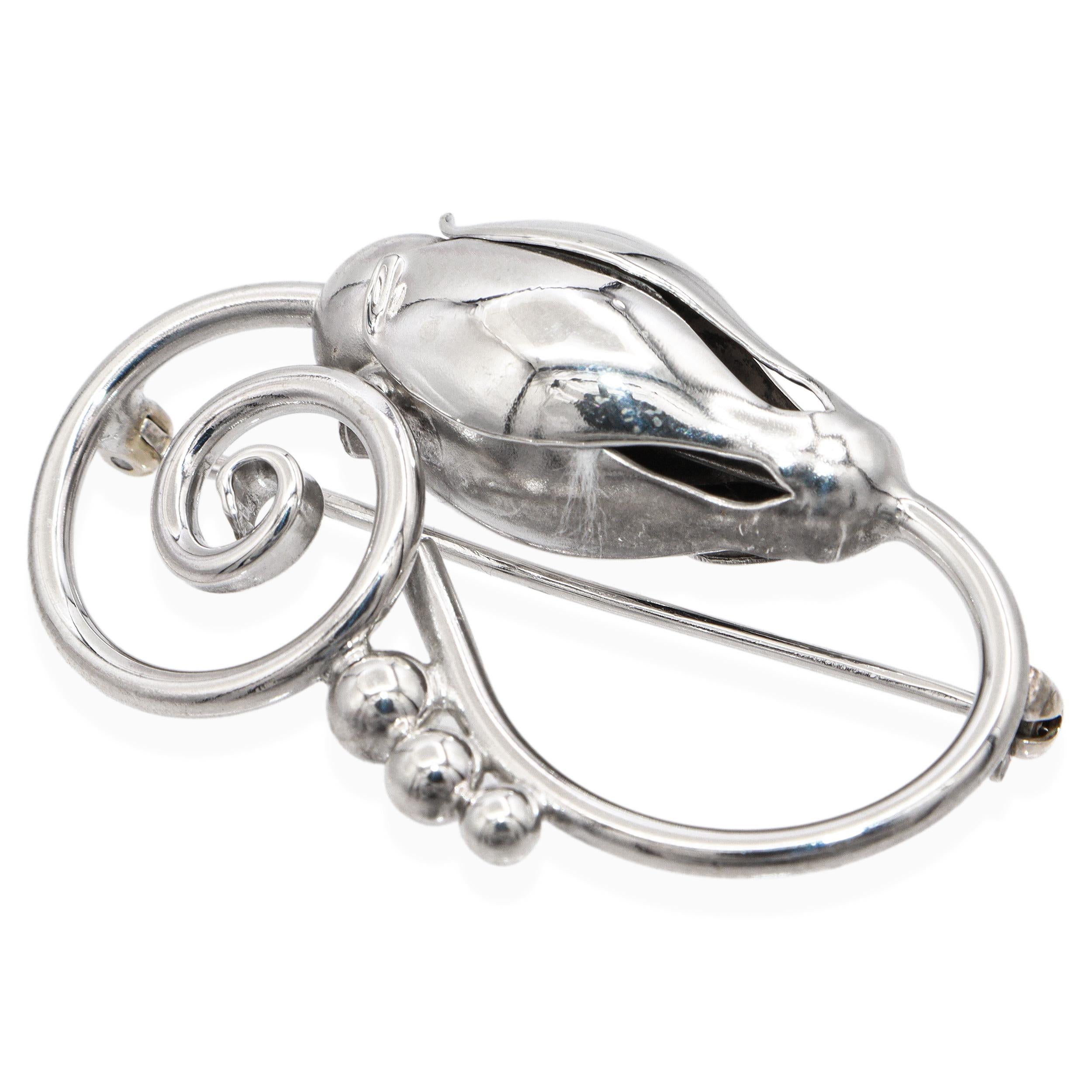 Vintage Georg Jensen Hand Wrought Sterling Silver Floral Scroll Brooch