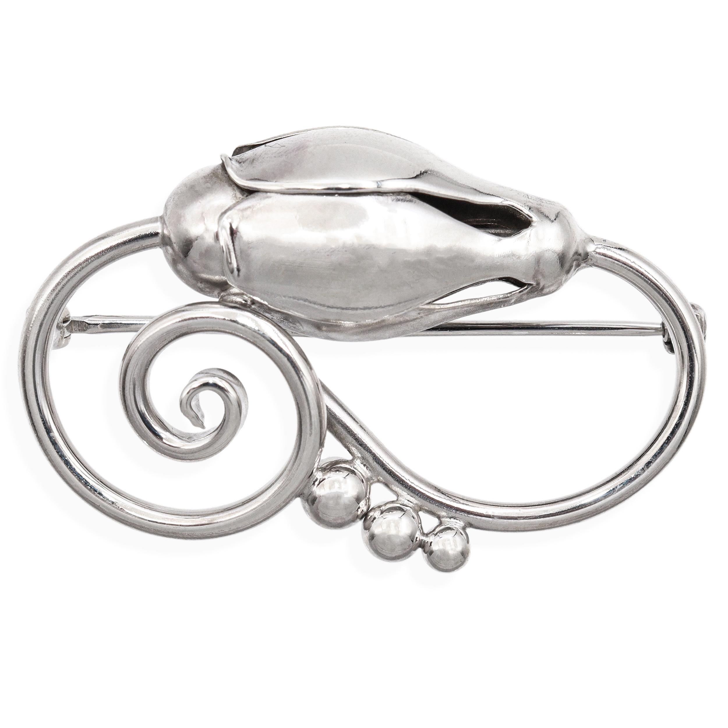 Vintage Georg Jensen Hand Wrought Sterling Silver Floral Scroll Brooch