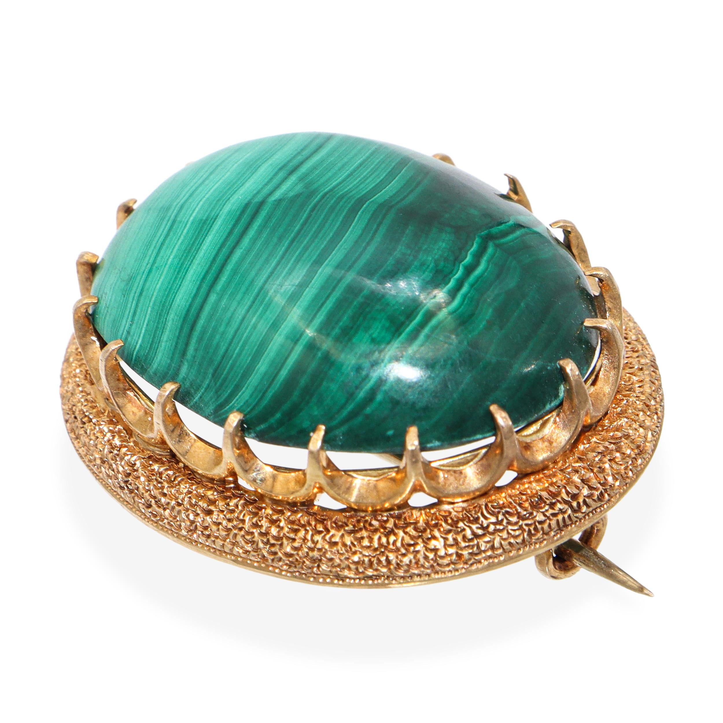 Vintage Textured 14k Yellow Gold Malachite Brooch