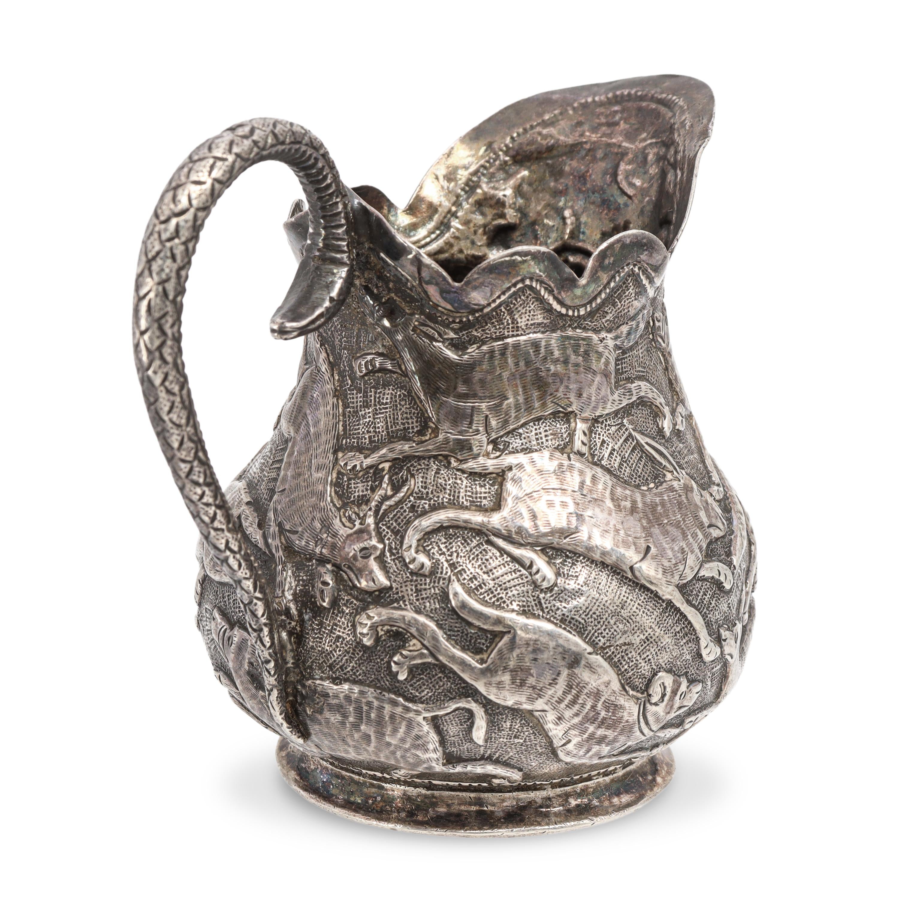 Vintage Sterling Silver Repoussé Animal Motif Creamer Pitcher w/ Serpent Handle
