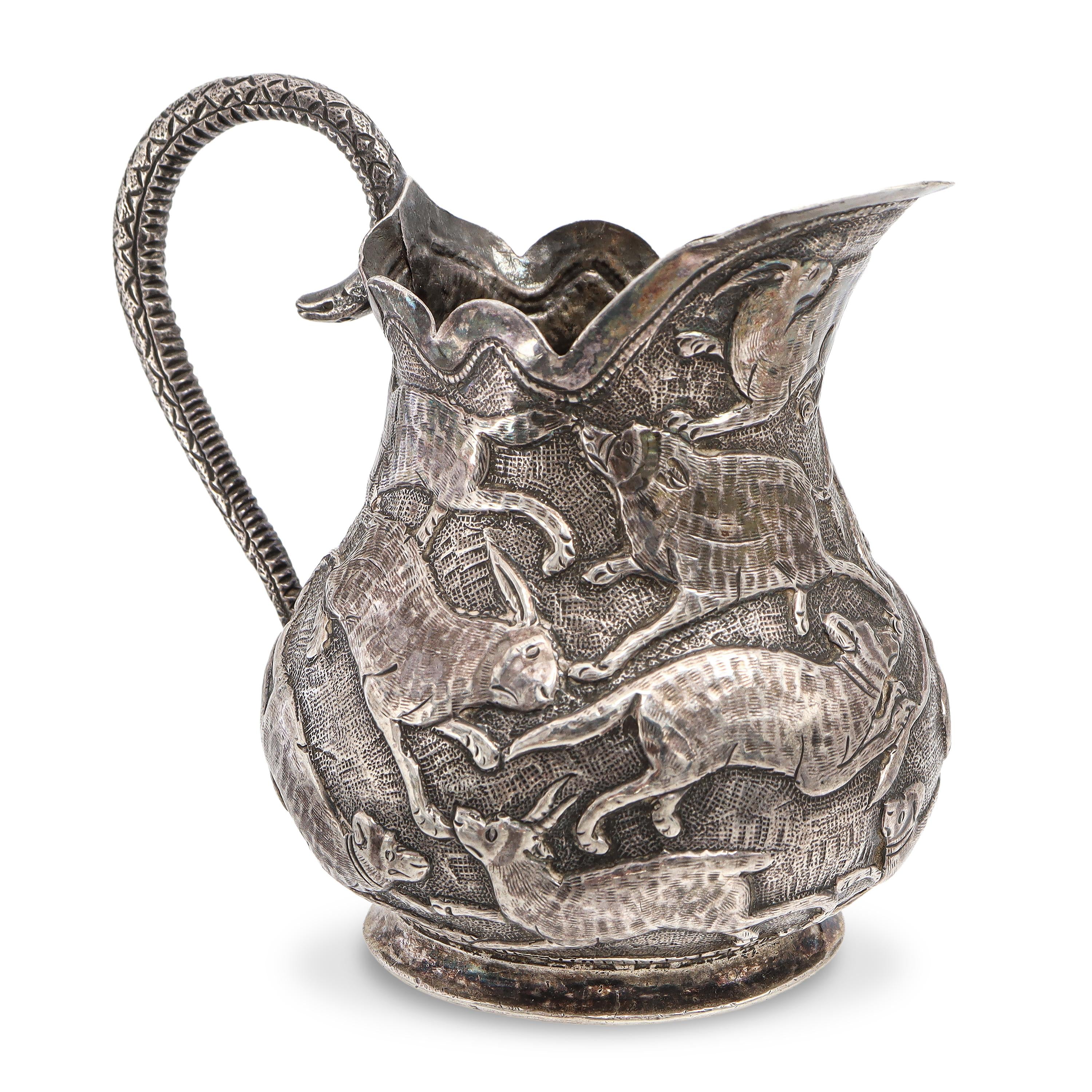 Vintage Sterling Silver Repoussé Animal Motif Creamer Pitcher w/ Serpent Handle