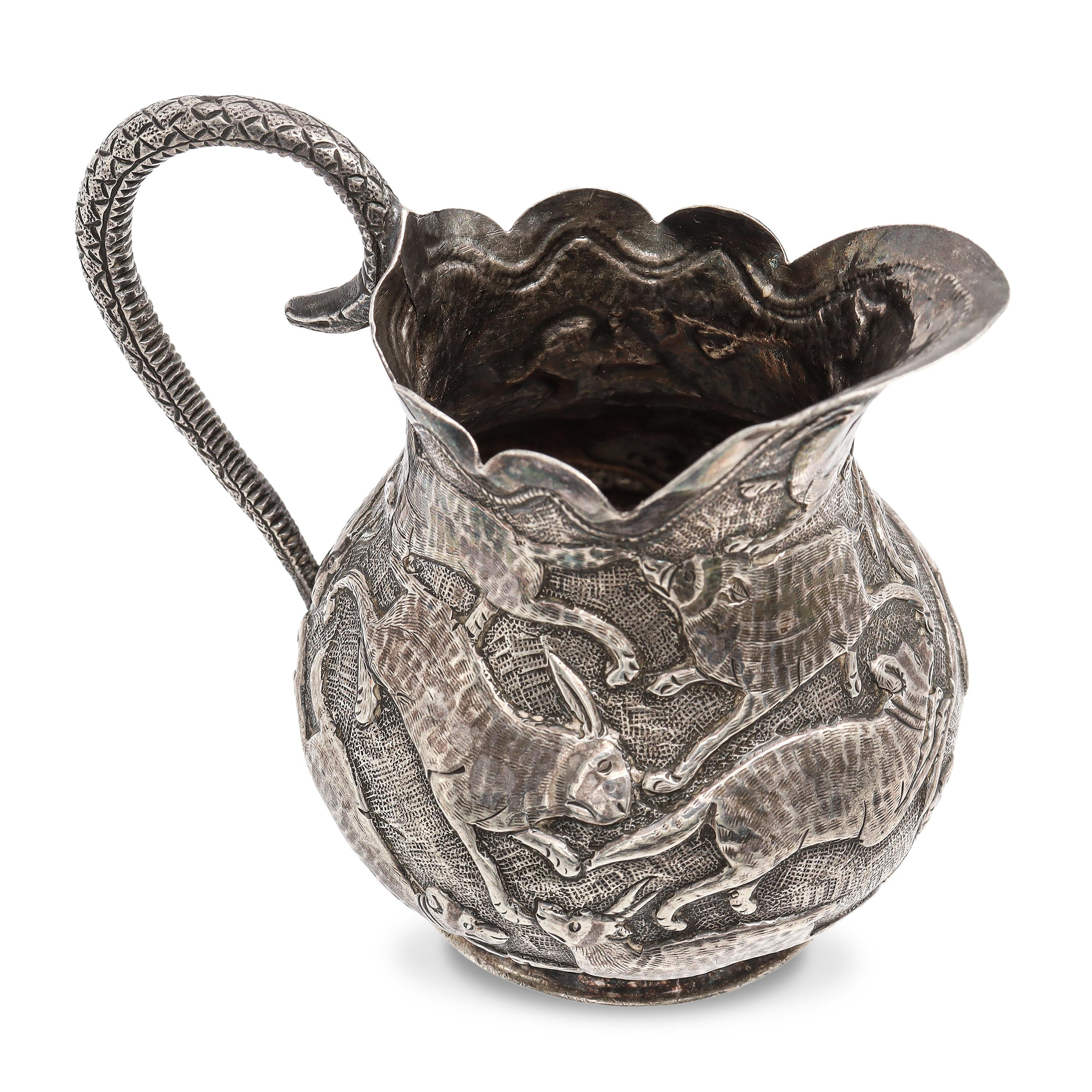 Vintage Sterling Silver Repoussé Animal Motif Creamer Pitcher w/ Serpent Handle