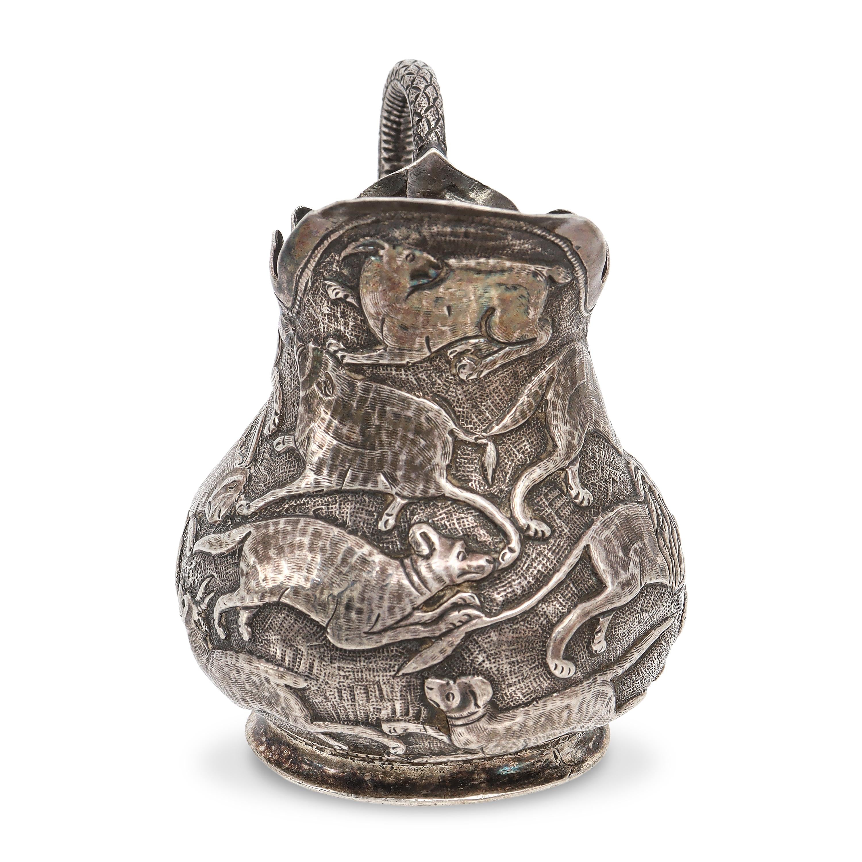 Vintage Sterling Silver Repoussé Animal Motif Creamer Pitcher w/ Serpent Handle
