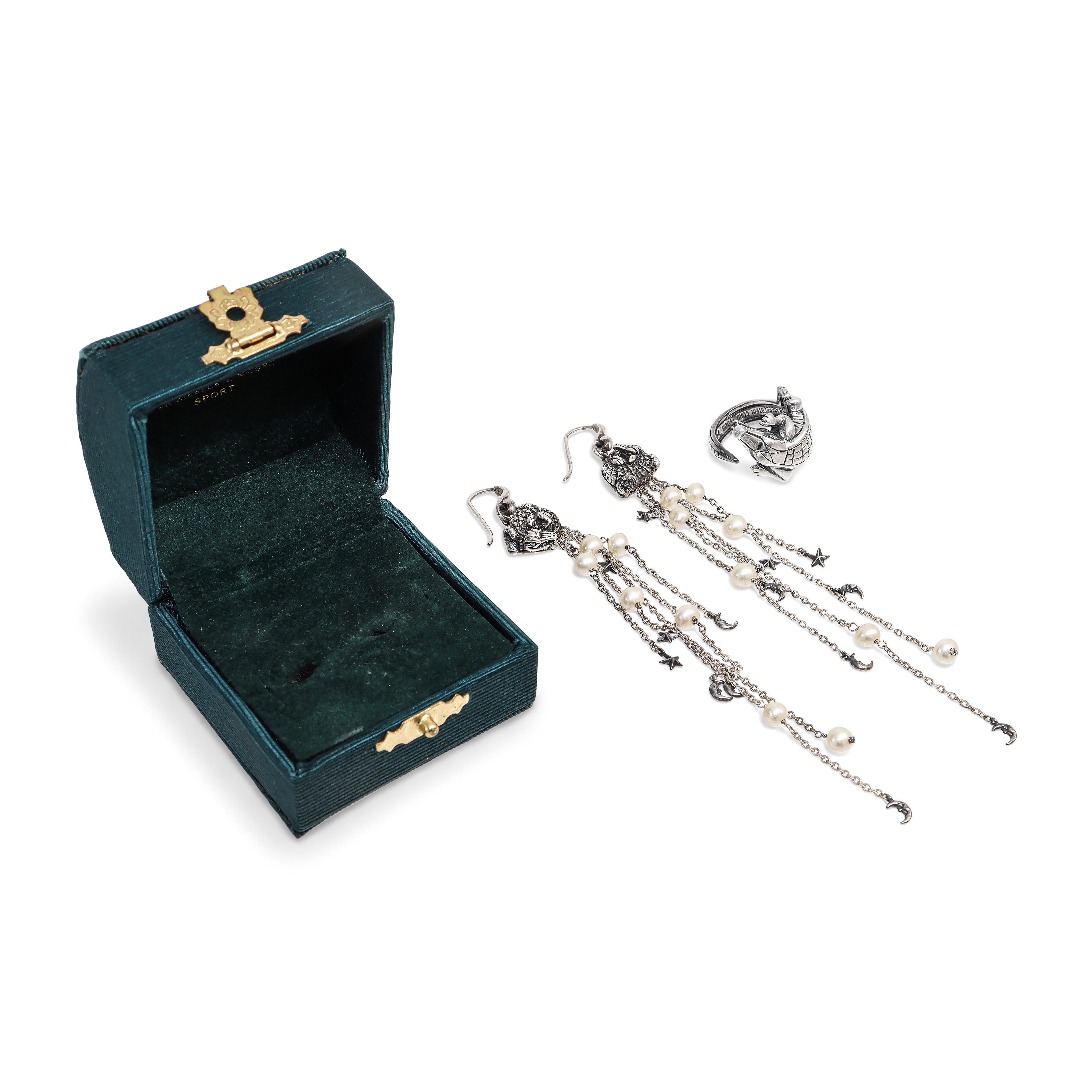 Barry Kieselstein-Cord Sterling Silver Crocodile Ring and Pearl Earrings Set