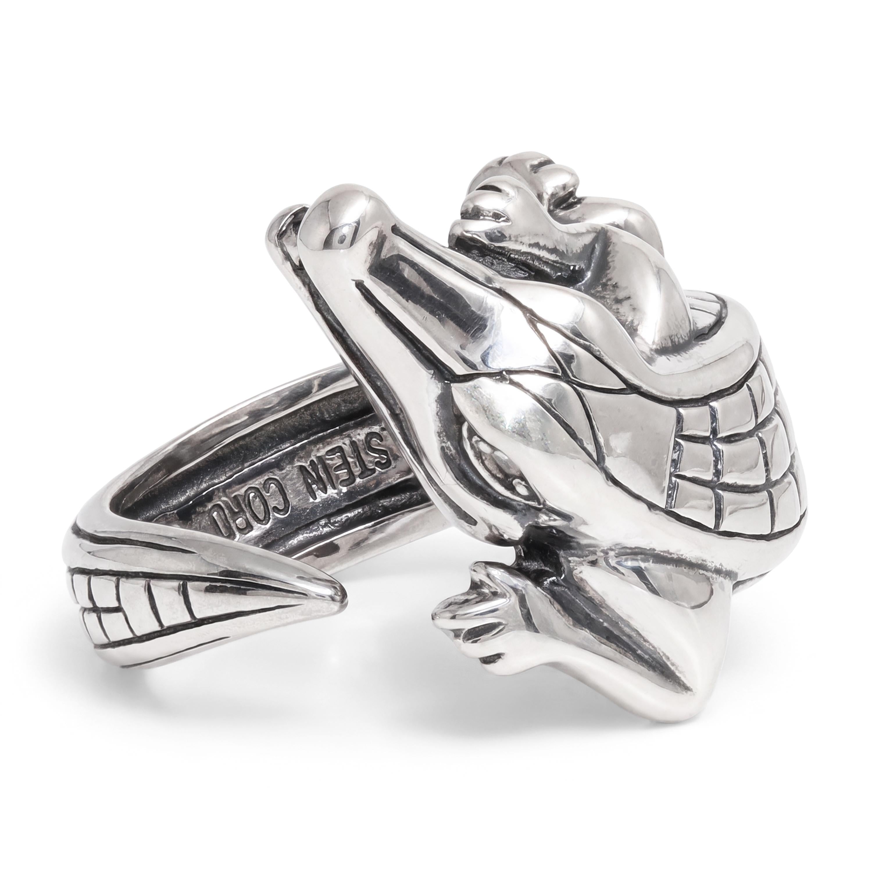 Barry Kieselstein-Cord Sterling Silver Crocodile Ring and Pearl Earrings Set