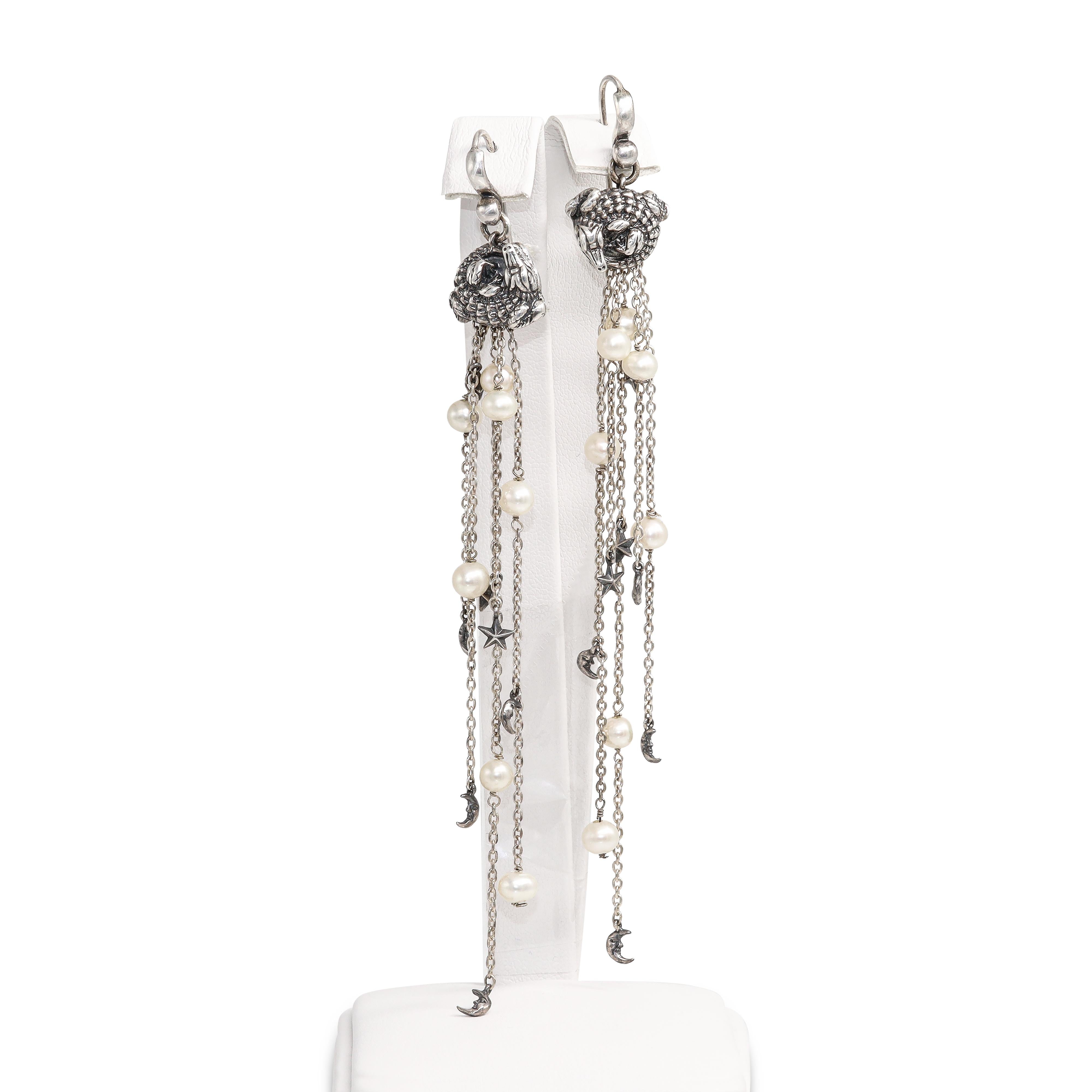 Barry Kieselstein-Cord Sterling Silver Crocodile Ring and Pearl Earrings Set