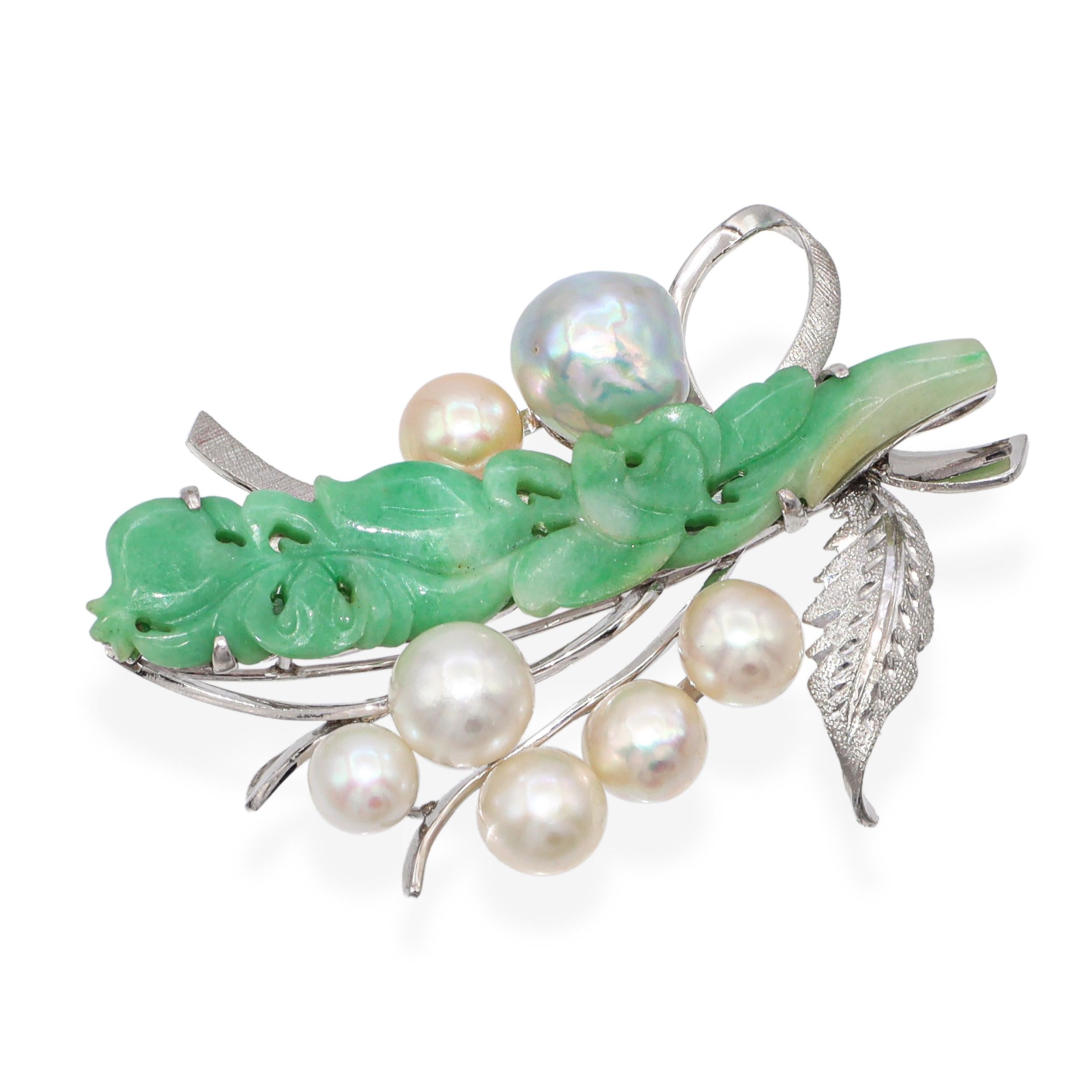Vintage White Gold Alloy Pearl and Jadeite Jade Bouquet Brooch