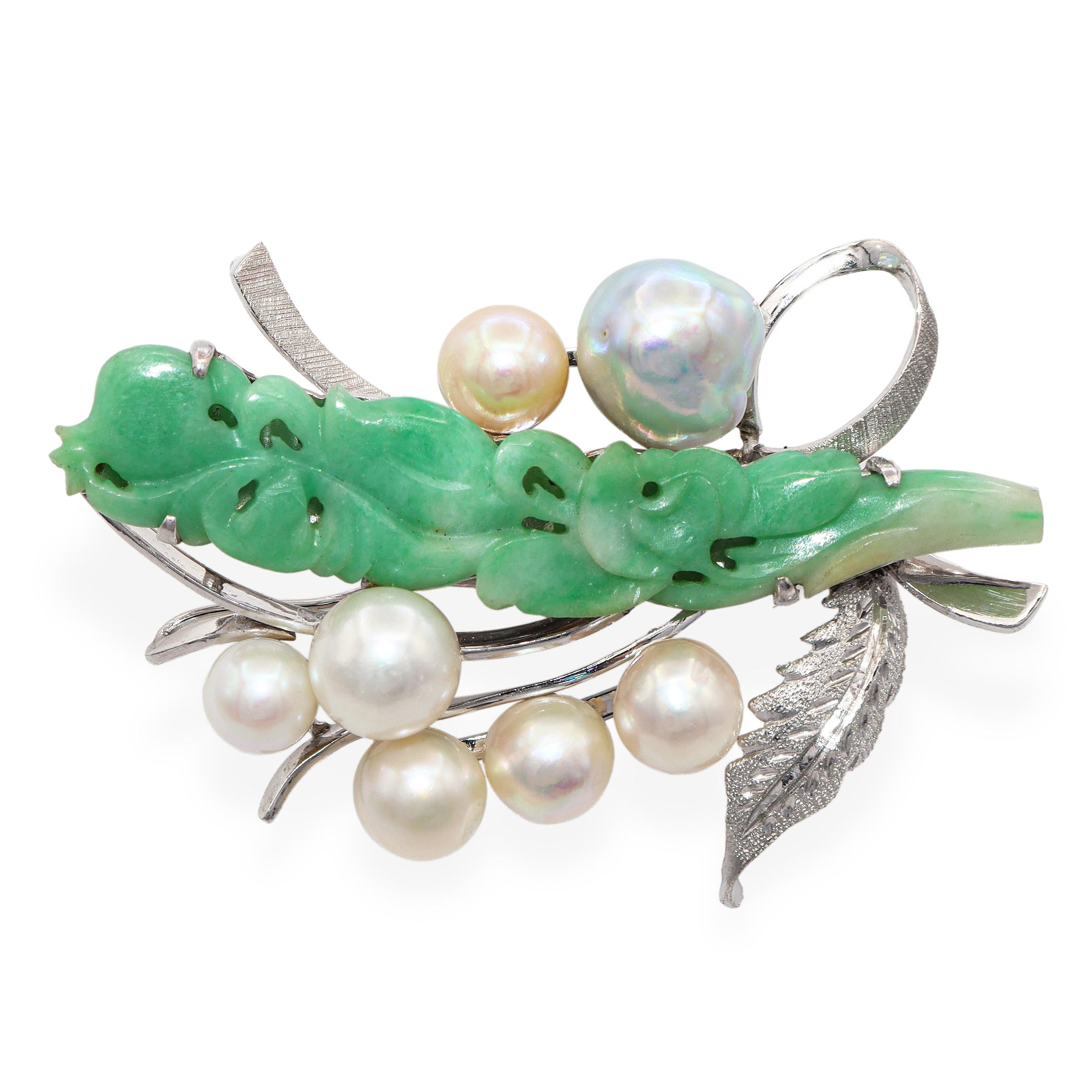 Vintage White Gold Alloy Pearl and Jadeite Jade Bouquet Brooch