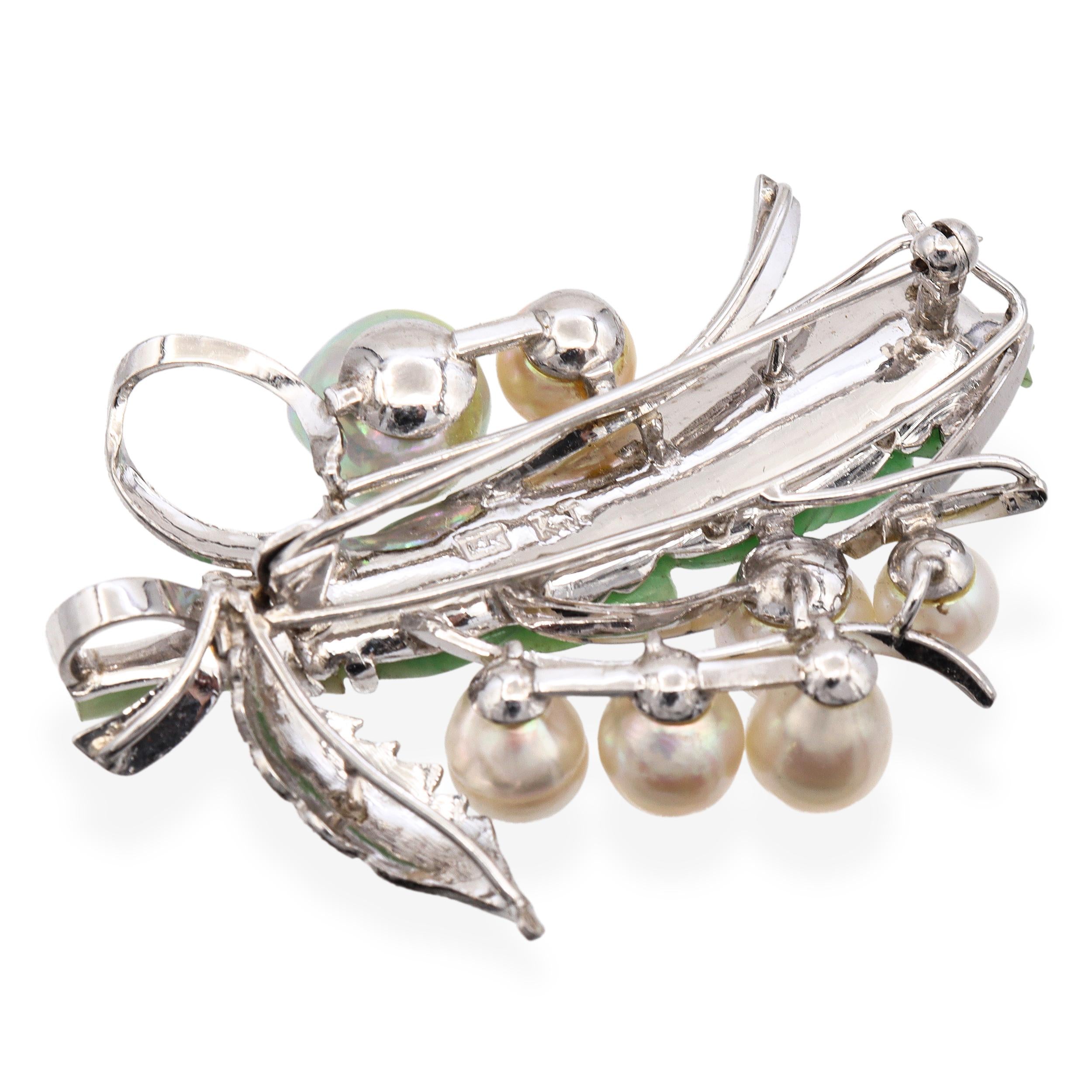 Vintage White Gold Alloy Pearl and Jadeite Jade Bouquet Brooch