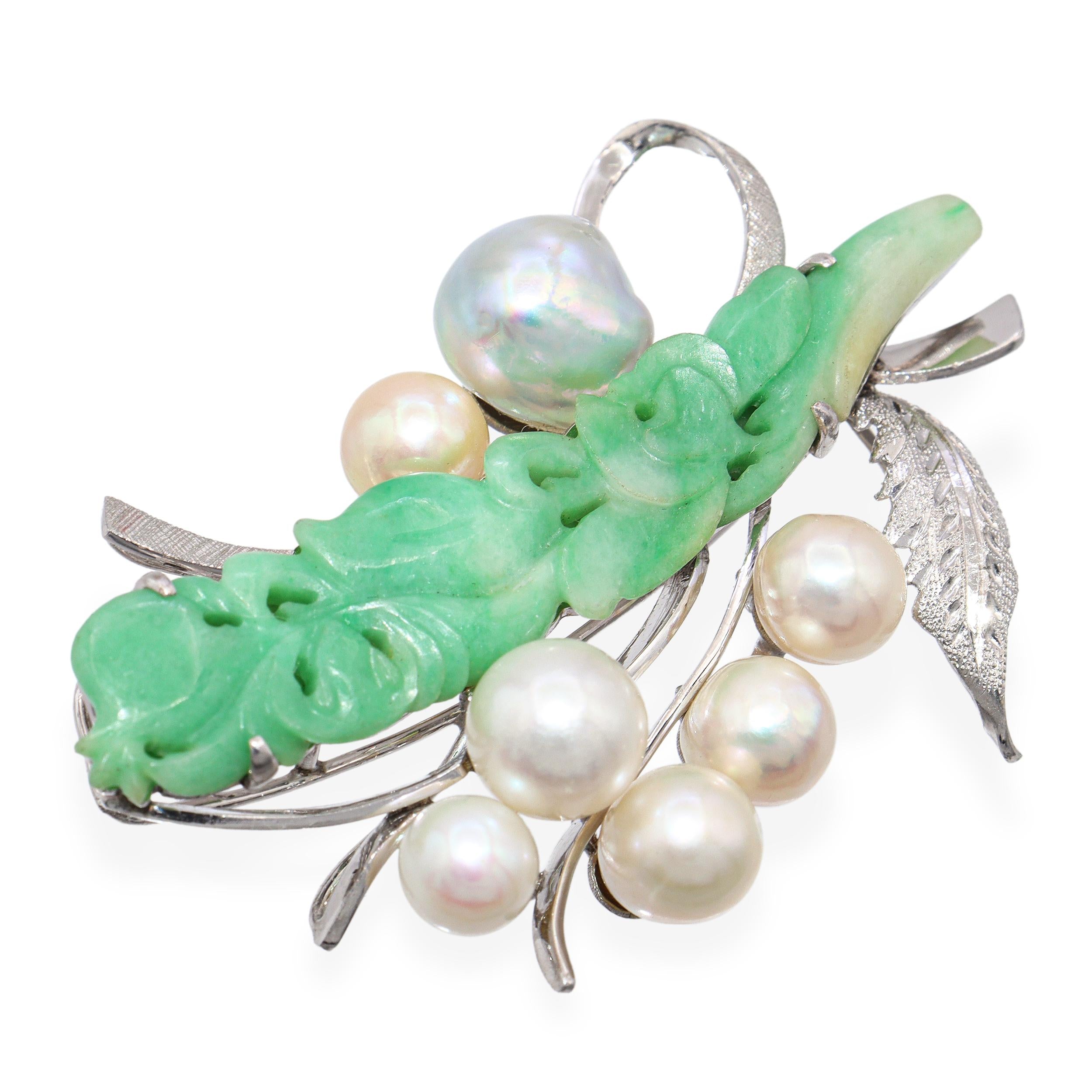 Vintage White Gold Alloy Pearl and Jadeite Jade Bouquet Brooch