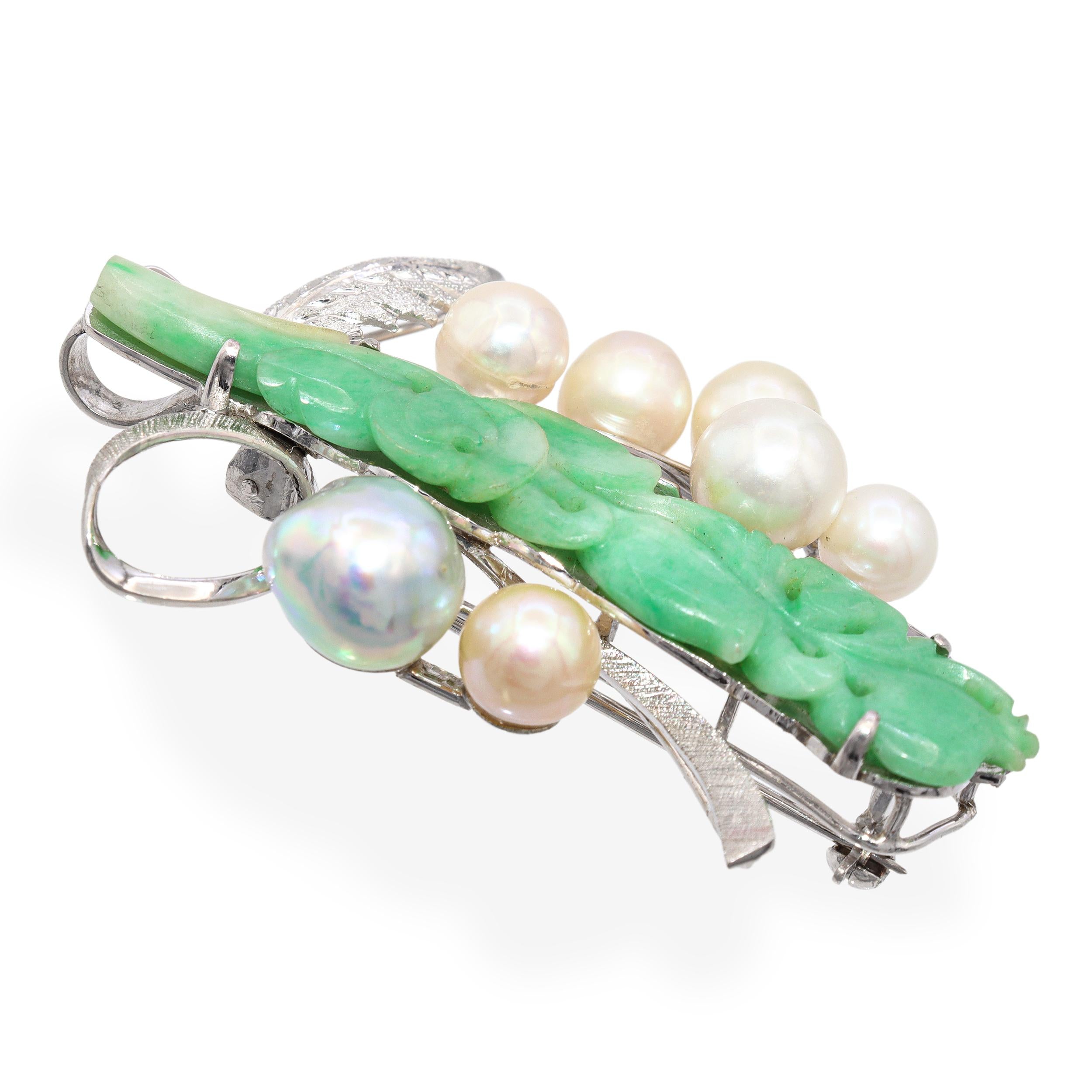 Vintage White Gold Alloy Pearl and Jadeite Jade Bouquet Brooch