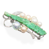 Vintage White Gold Alloy Pearl and Jadeite Jade Bouquet Brooch