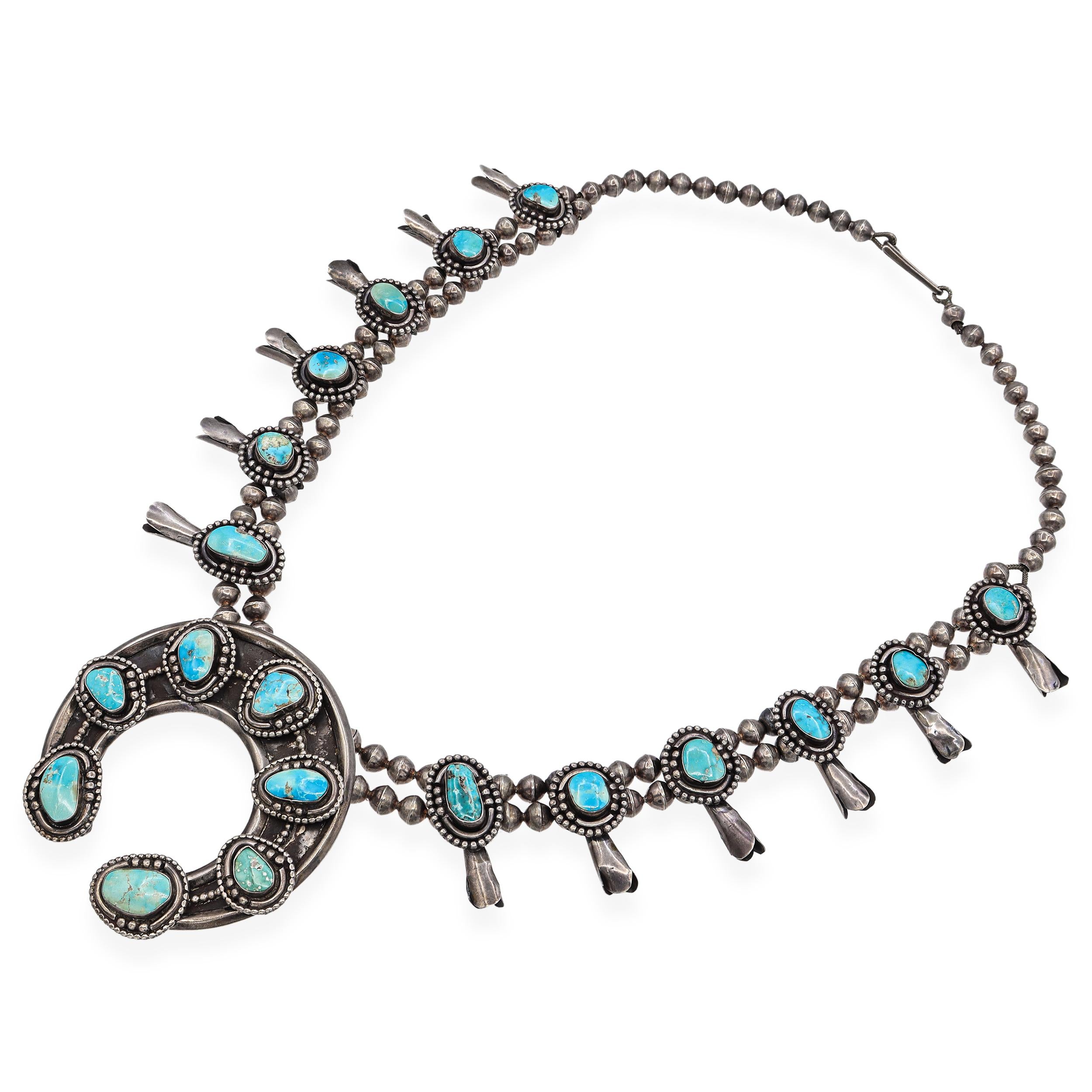 Vintage Sterling Silver and Turquoise Navajo Squash Blossom Necklace