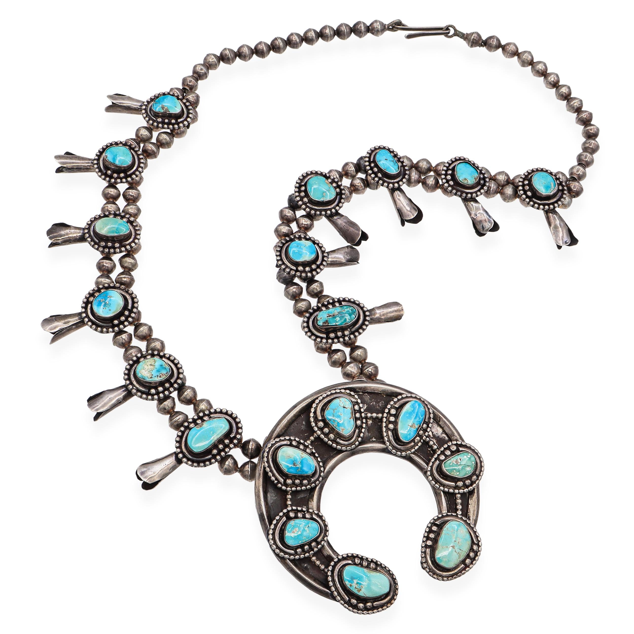 Vintage Sterling Silver and Turquoise Navajo Squash Blossom Necklace