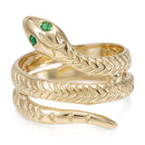 14k Yellow Gold Emerald Eye Coiled Snake Ring