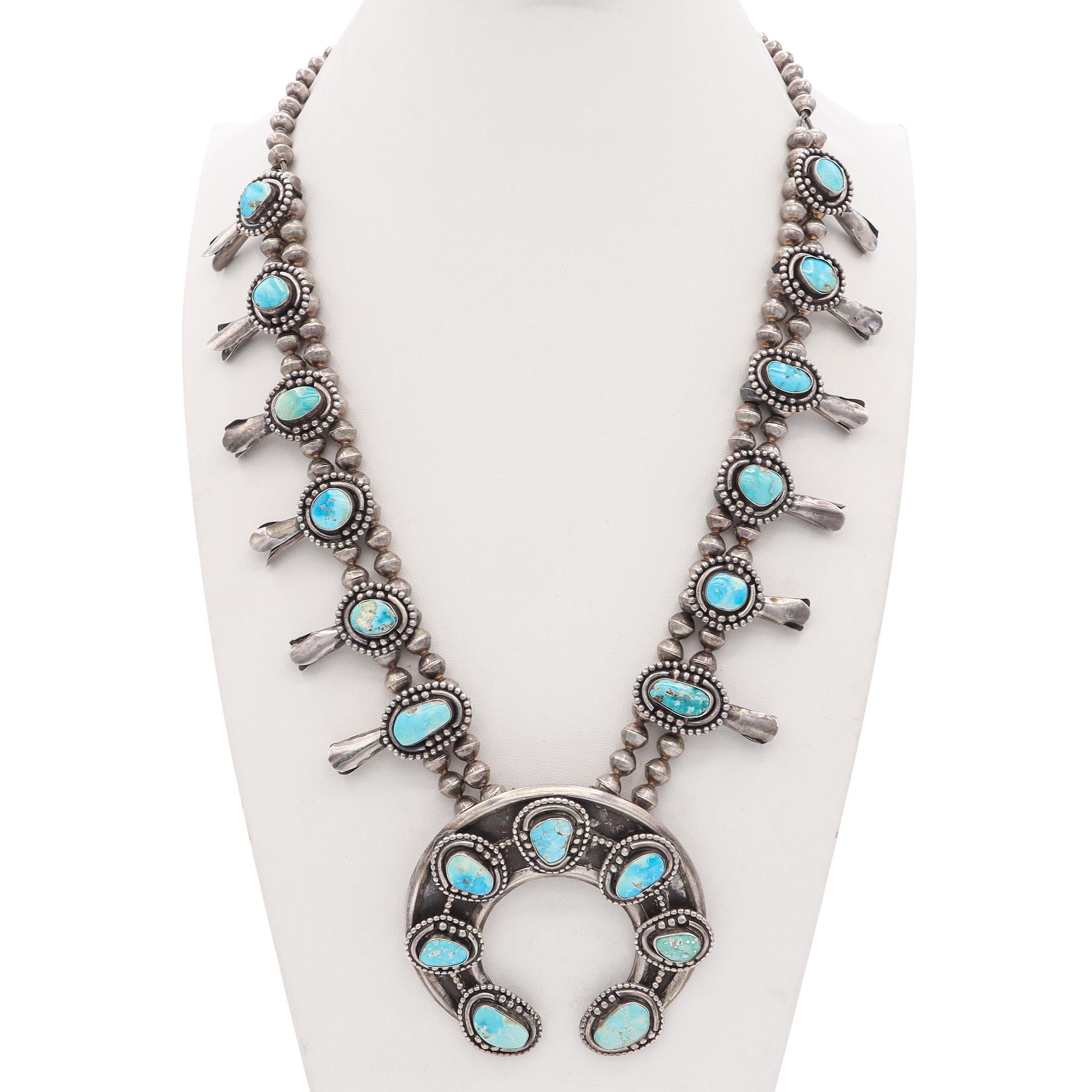 Vintage Sterling Silver and Turquoise Navajo Squash Blossom Necklace