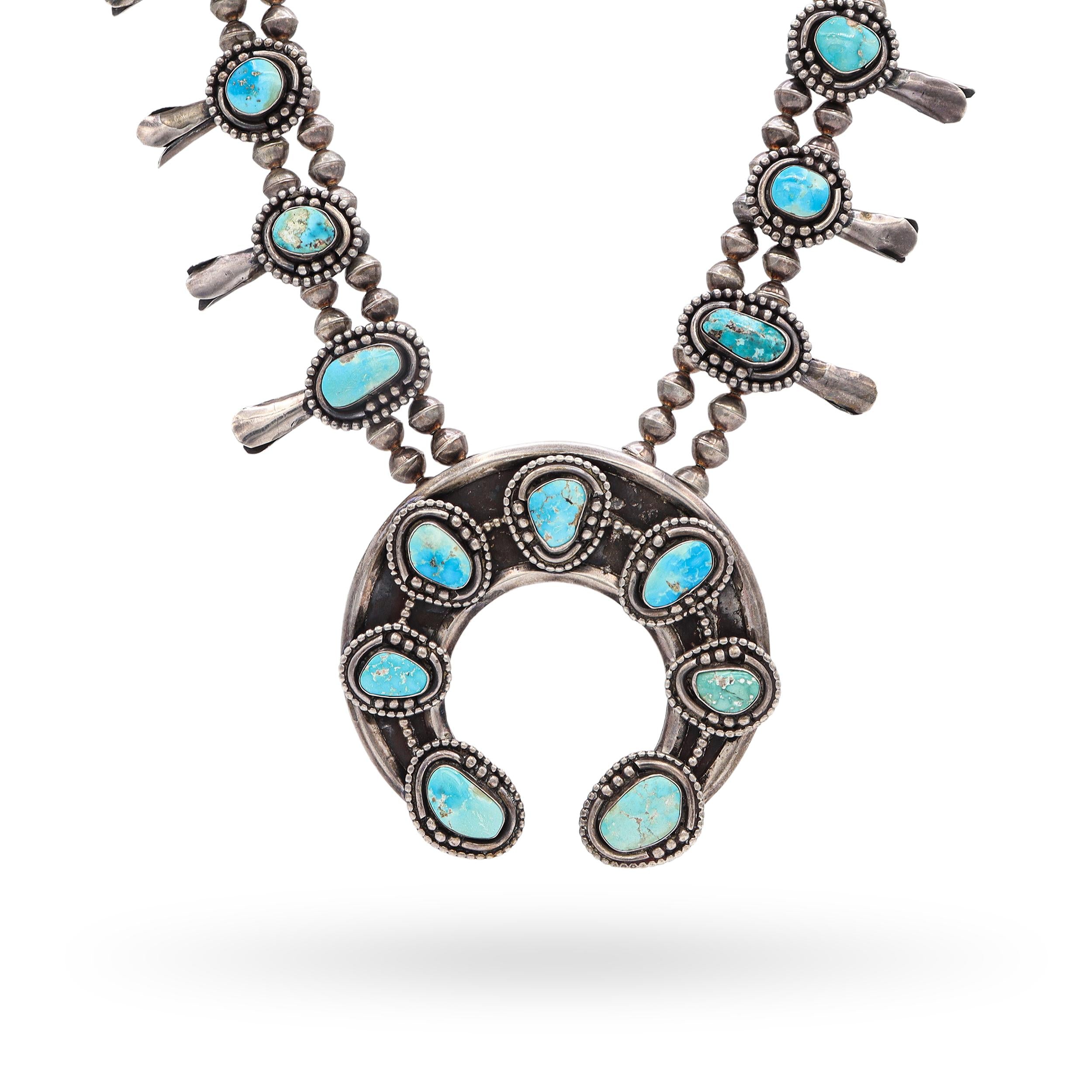 Vintage Sterling Silver and Turquoise Navajo Squash Blossom Necklace
