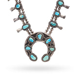 Vintage Sterling Silver and Turquoise Navajo Squash Blossom Necklace