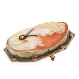 Antique 13K White Gold Shell Cameo Diamond Accent Portrait Brooch Pin