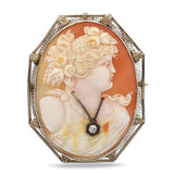 Antique 13K White Gold Shell Cameo Diamond Accent Portrait Brooch Pin