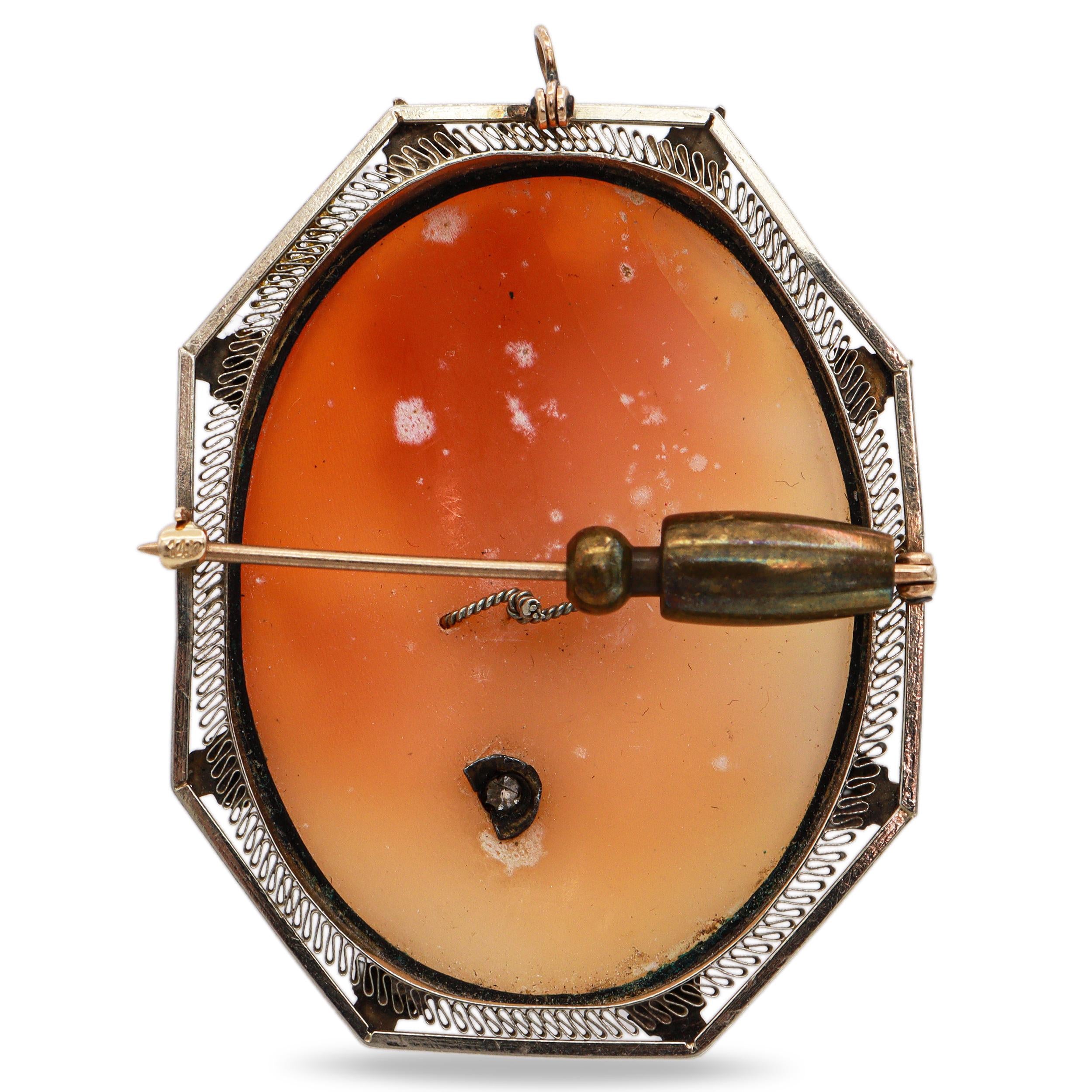 Antique 13K White Gold Shell Cameo Diamond Accent Portrait Brooch Pin