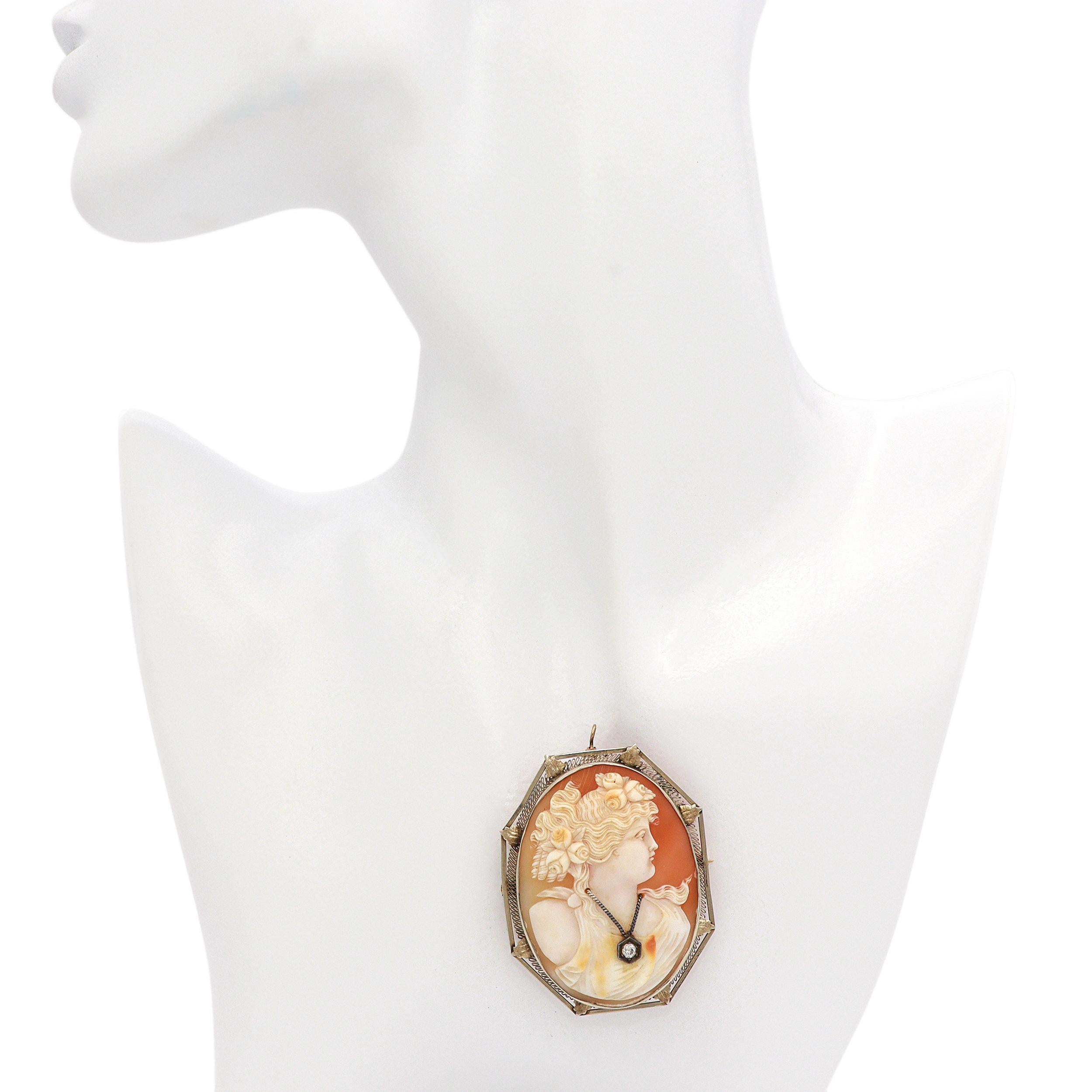 Antique 13K White Gold Shell Cameo Diamond Accent Portrait Brooch Pin