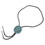 Vintage Sterling Silver & Leather Cord Needlepoint Turquoise Bolo Tie