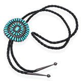 Vintage Sterling Silver & Leather Cord Needlepoint Turquoise Bolo Tie