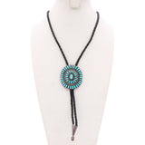 Vintage Sterling Silver & Leather Cord Needlepoint Turquoise Bolo Tie