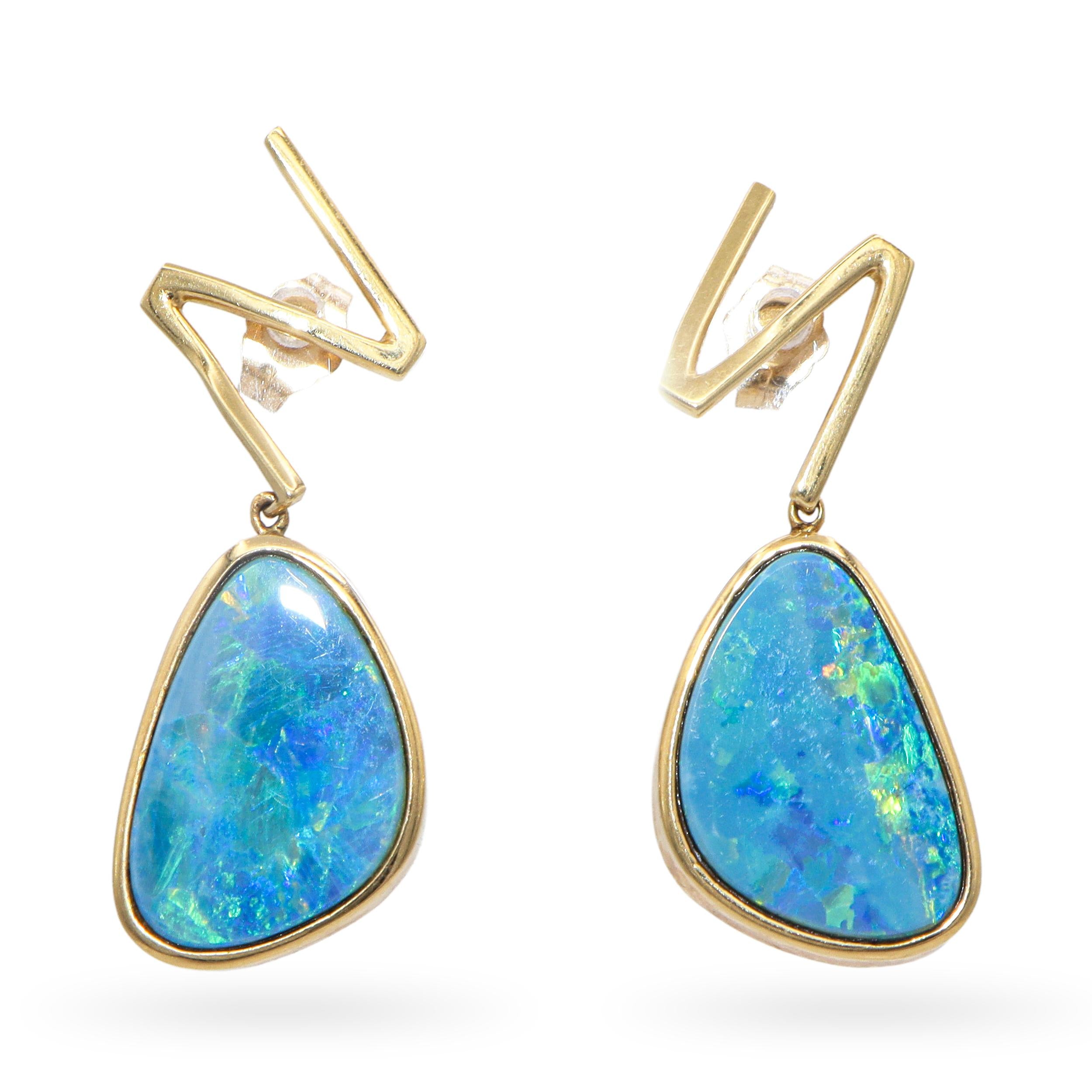14k Yellow Gold Opal and Diamond Freeform Earring and Pendant Set