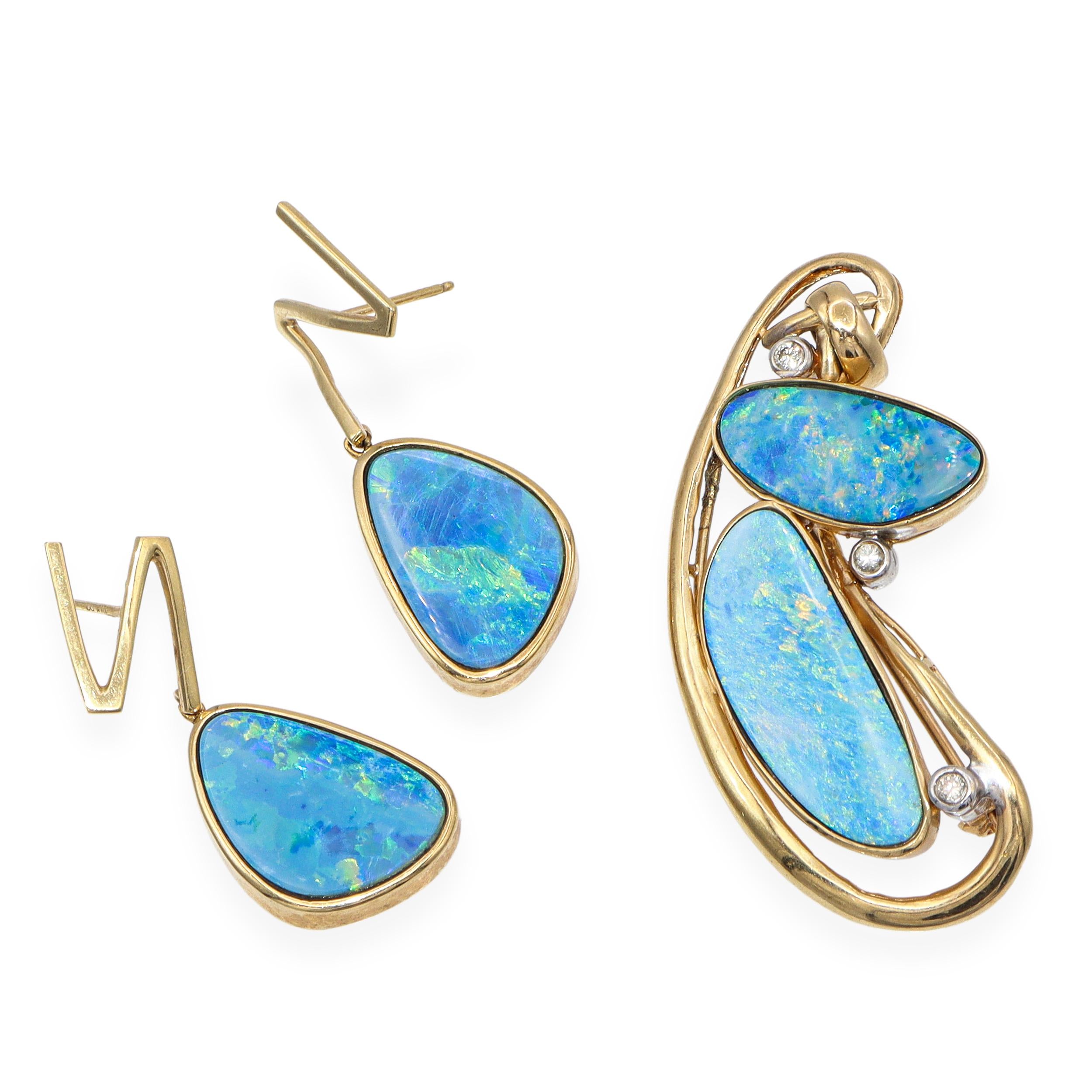 14k Yellow Gold Opal and Diamond Freeform Earring and Pendant Set