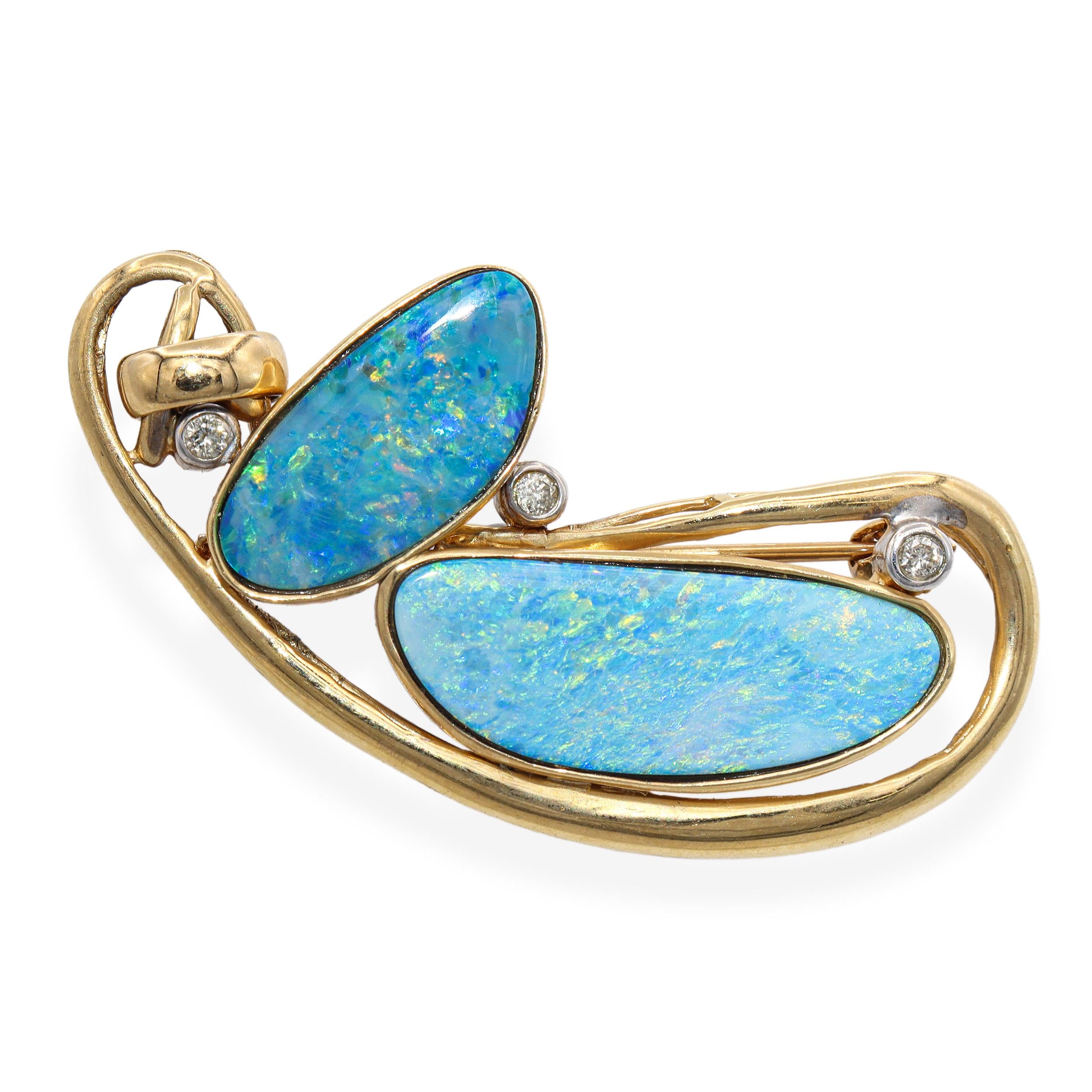 14k Yellow Gold Opal and Diamond Freeform Earring and Pendant Set