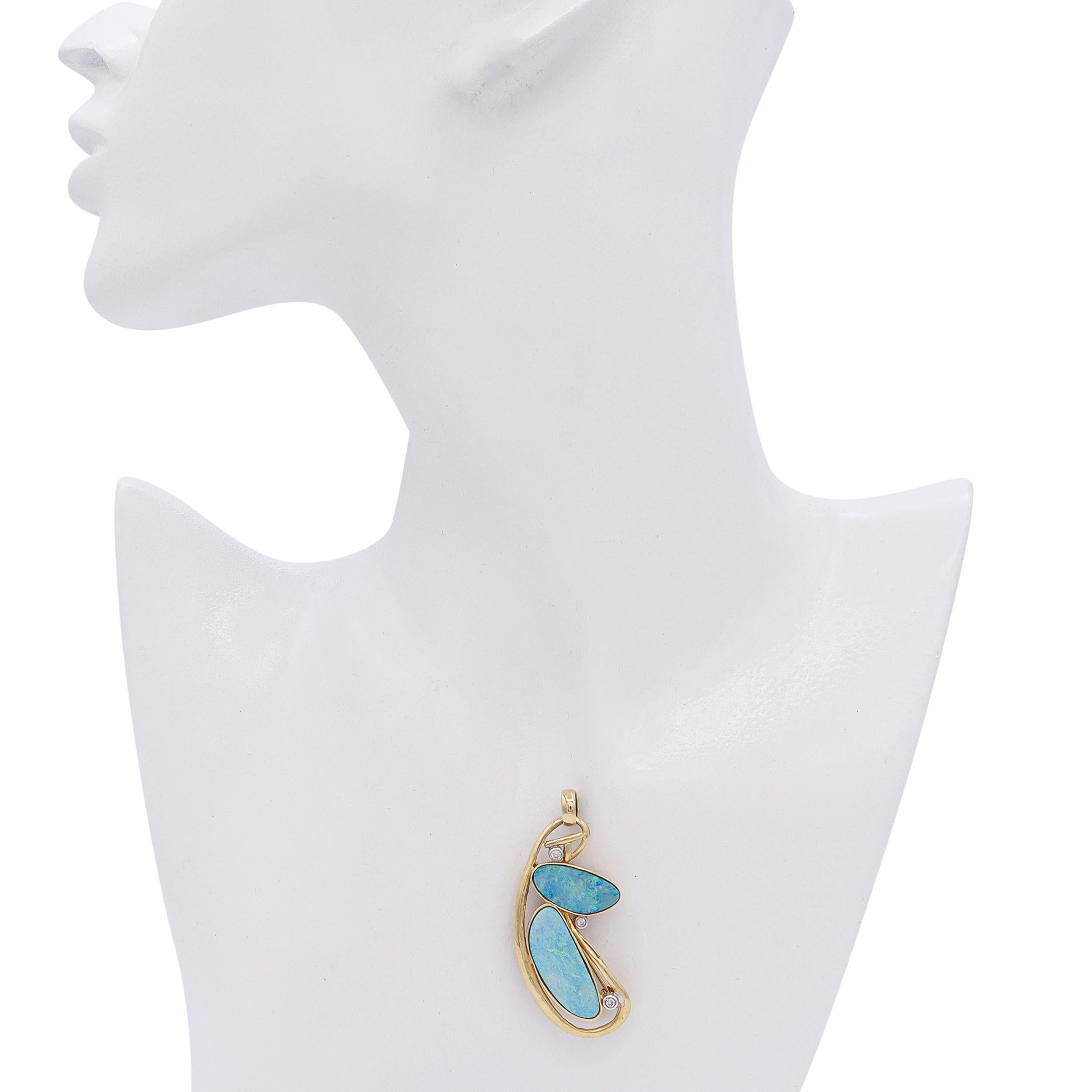 14k Yellow Gold Opal and Diamond Freeform Earring and Pendant Set
