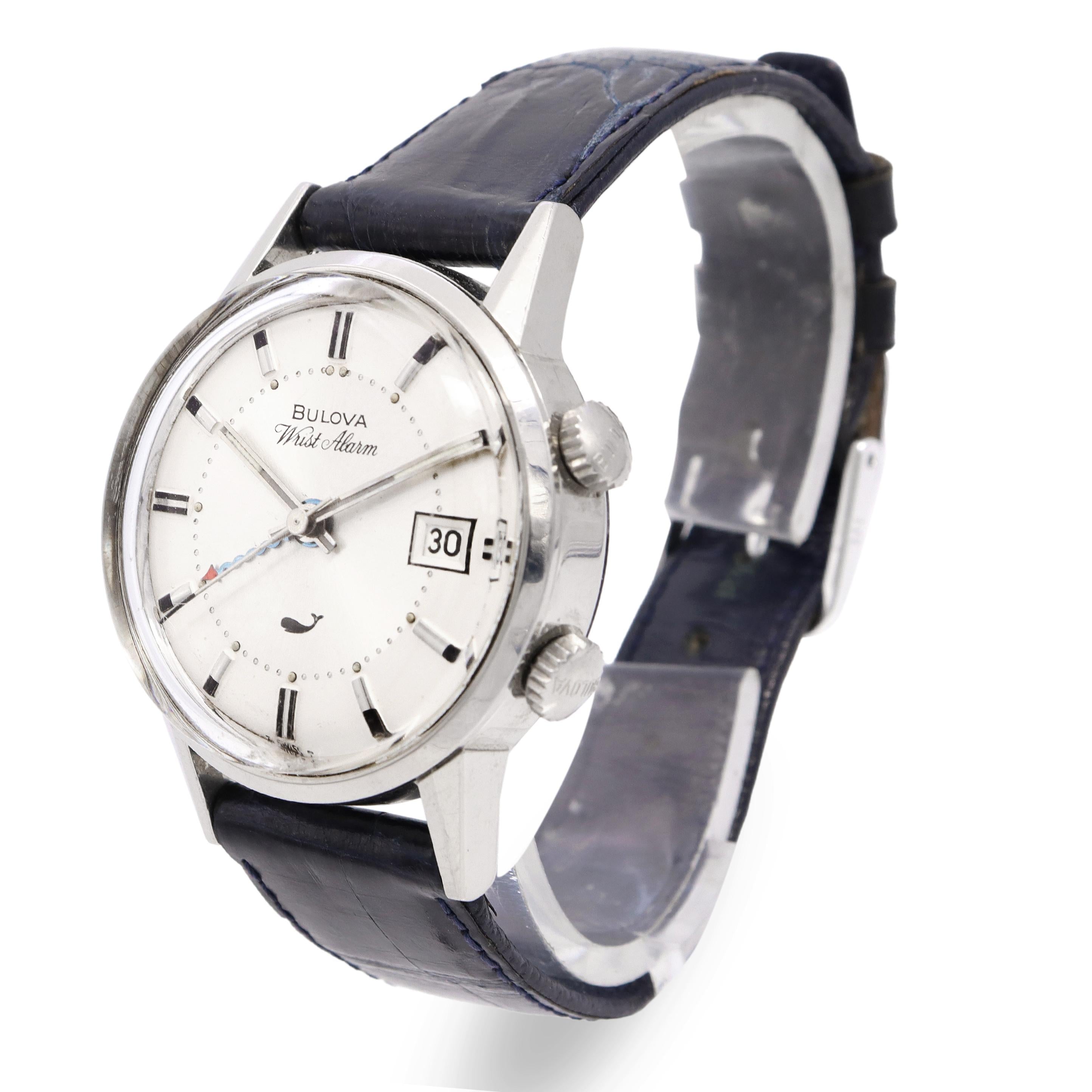 Vintage Bulova Wrist Alarm Stainless Steel Date Hand-Wind Men's Watch