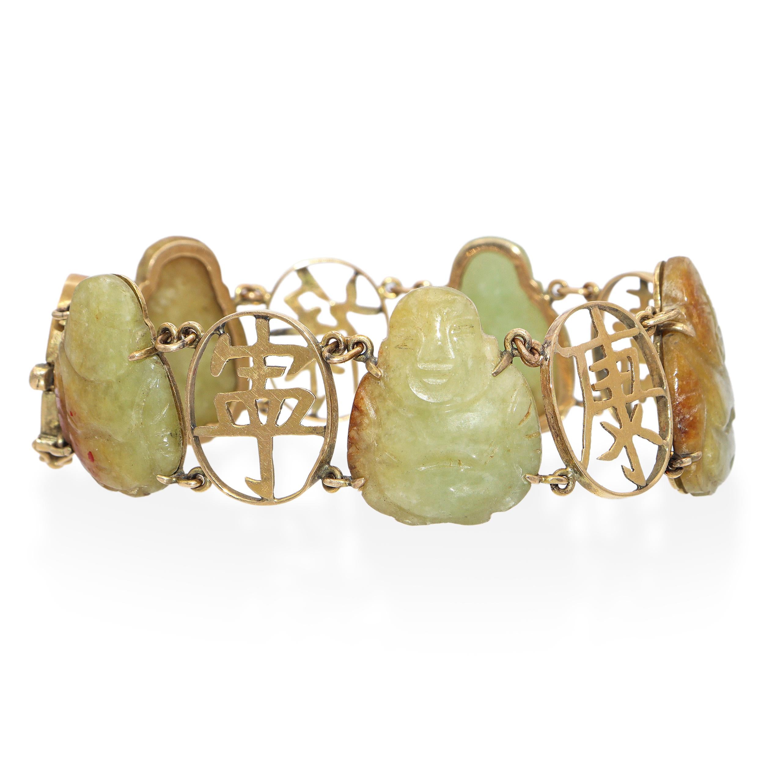 Vintage 14k Yellow Gold Carved Buddha Jadeite Jade Link Bracelet