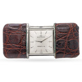 Vintage Movado Ermeto Tiffany & Co. Stainless Steel Brown Leather Travel Clock