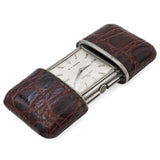 Vintage Movado Ermeto Tiffany & Co. Stainless Steel Brown Leather Travel Clock