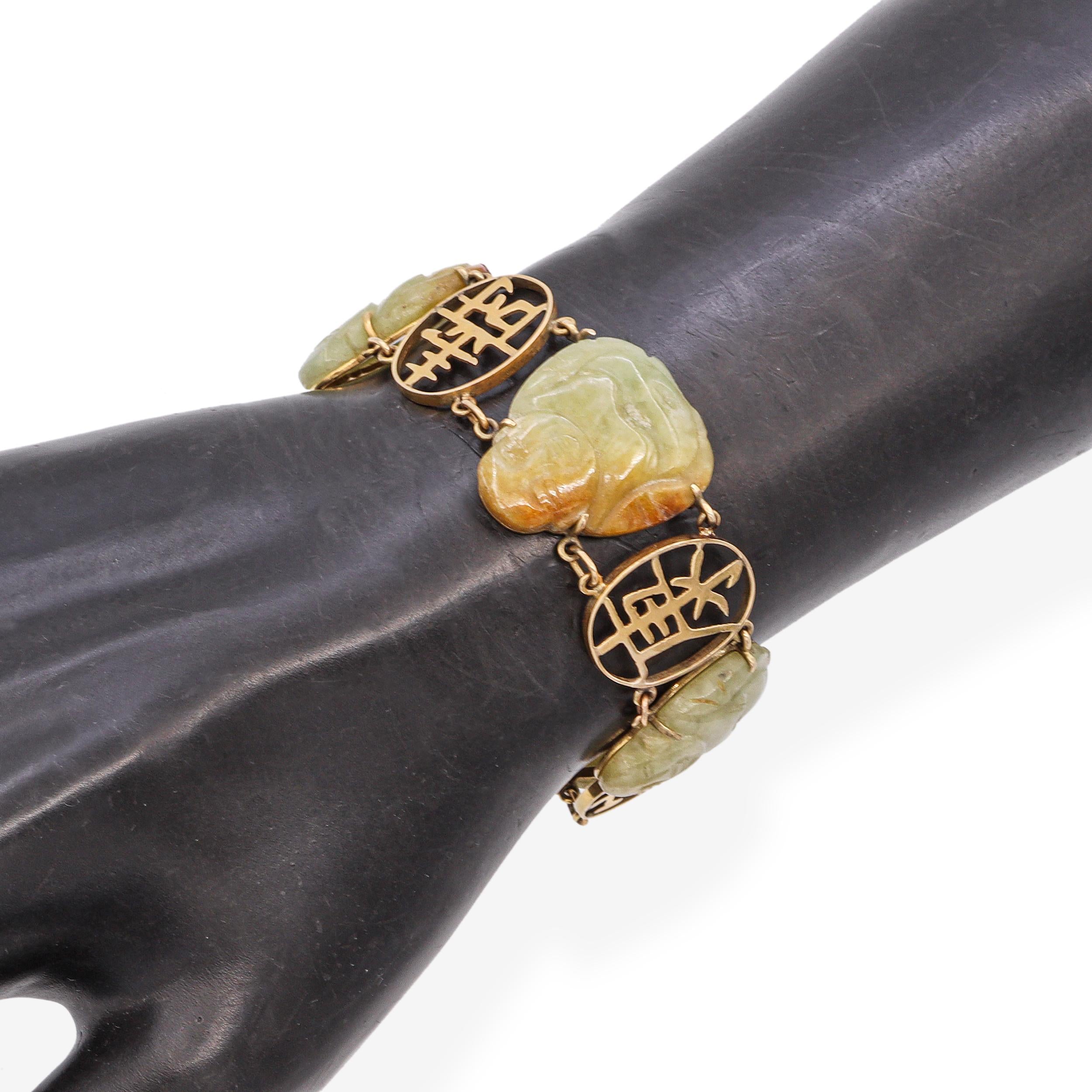 Vintage 14k Yellow Gold Carved Buddha Jadeite Jade Link Bracelet